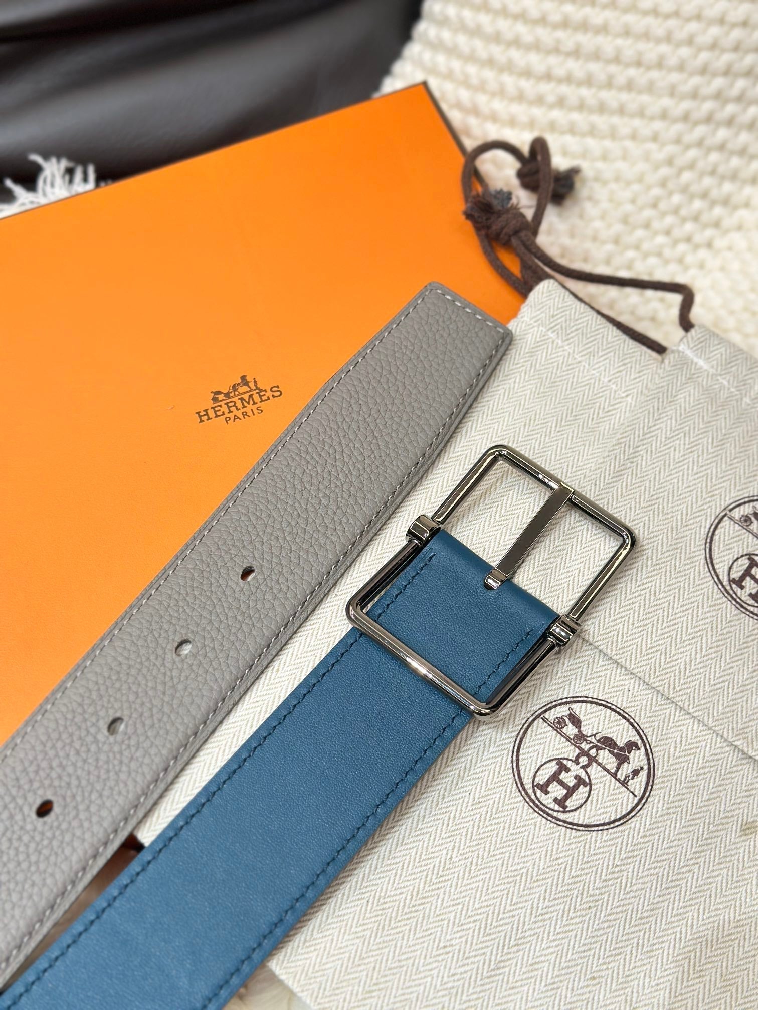HERMES HADRIEN 38MM REVERSIBLE BELT GREY AND AEGEAN BLUE LEATHER SILVER BUCKLE