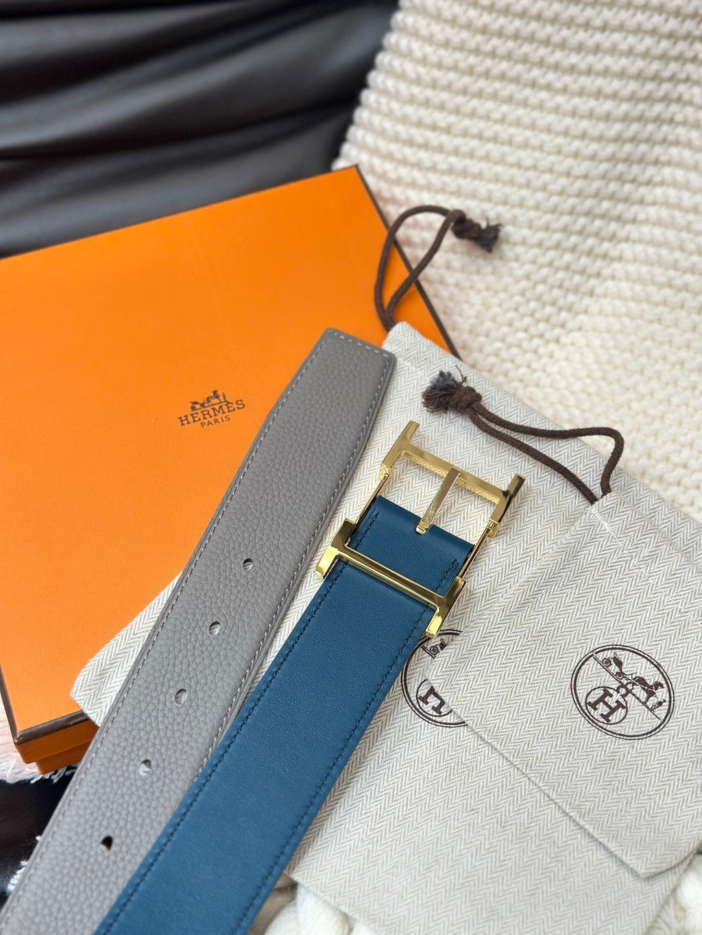 HERMES HADRIEN 38MM REVERSIBLE BELT GREY AND BLUE LEATHER GOLD BUCKLE