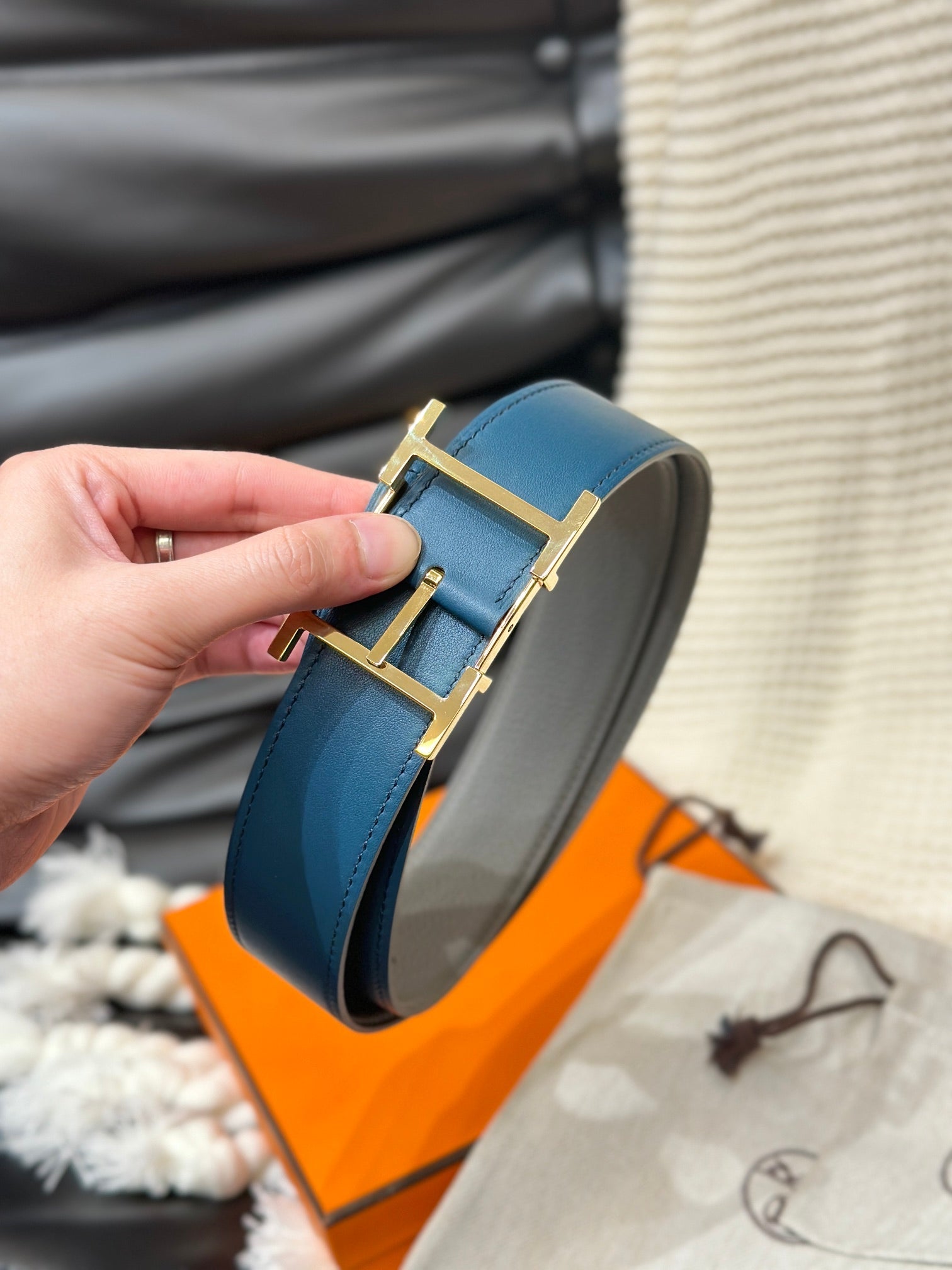 HERMES HADRIEN 38MM REVERSIBLE BELT GREY AND BLUE LEATHER GOLD BUCKLE