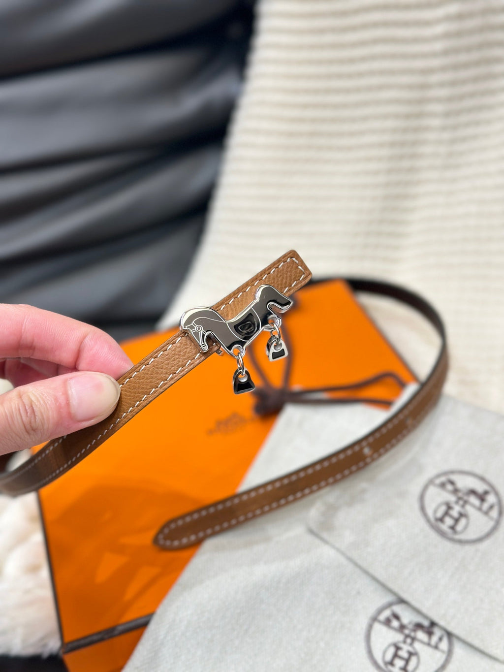 HERMES ROULIS SILVER BUCKLE & REVERSIBLE TAN BROWN LEATHER STRAP 13MM