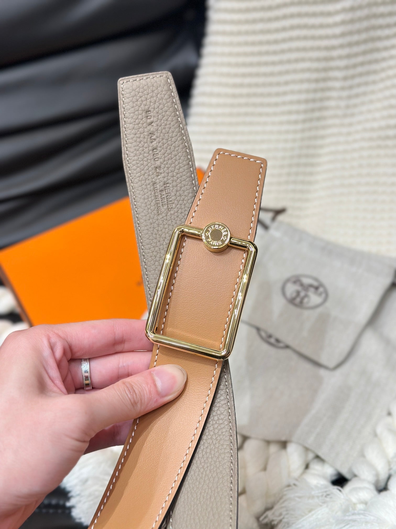 HERMES OSCAR BELT GOLD BUCKLE & REVERSIBLE HONEY ORANGE LEATHER STRAP 38MM