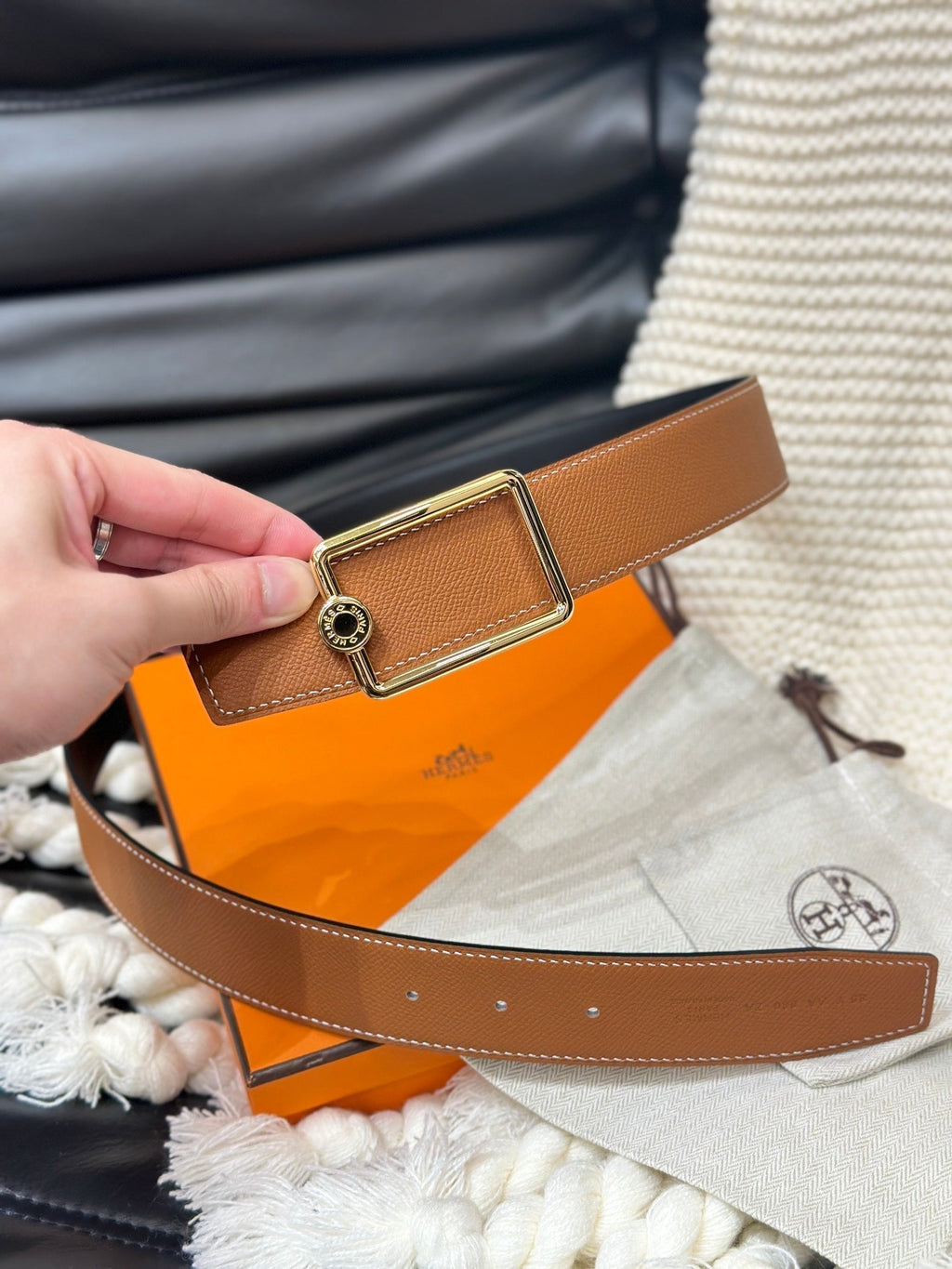 HERMES OSCAR BELT GOLD BUCKLE & REVERSIBLE GINGER ORANGE LEATHER STRAP 38MM
