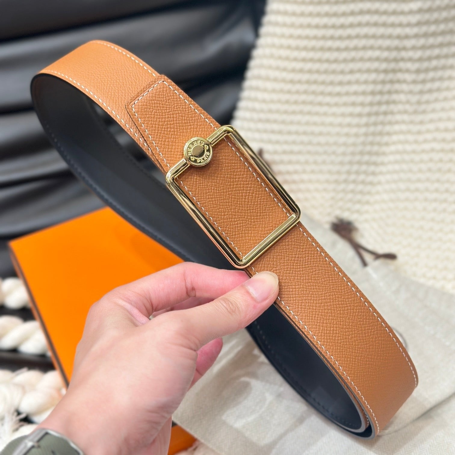 HERMES OSCAR BELT GOLD BUCKLE & REVERSIBLE GINGER ORANGE LEATHER STRAP 38MM