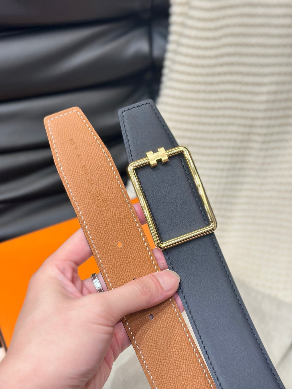 HERMES TUBE H BELT GOLD BUCKLE & REVERSIBLE GINGER ORANGE LEATHER STRAP 38MM