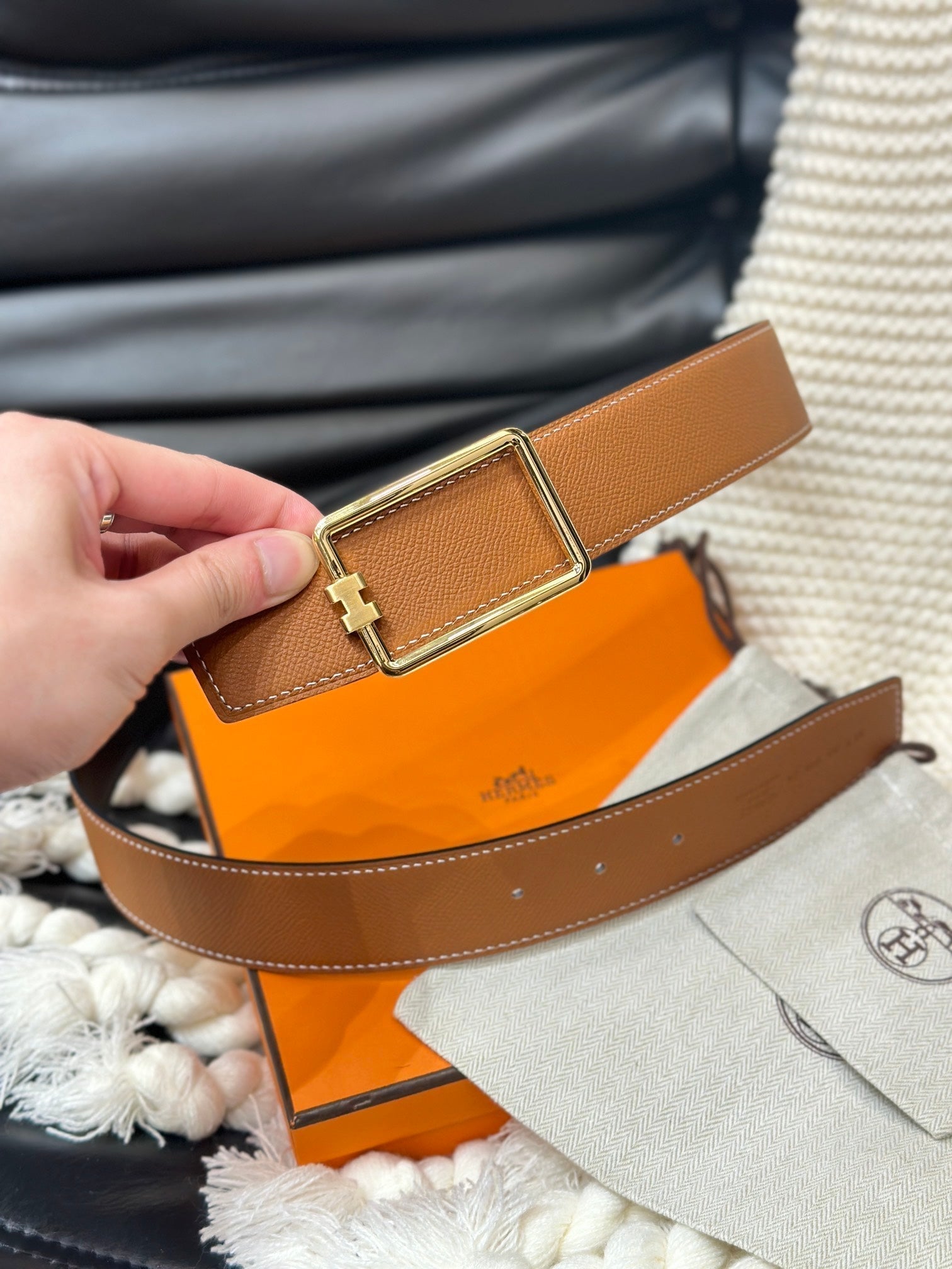 HERMES TUBE H BELT GOLD BUCKLE & REVERSIBLE GINGER ORANGE LEATHER STRAP 38MM