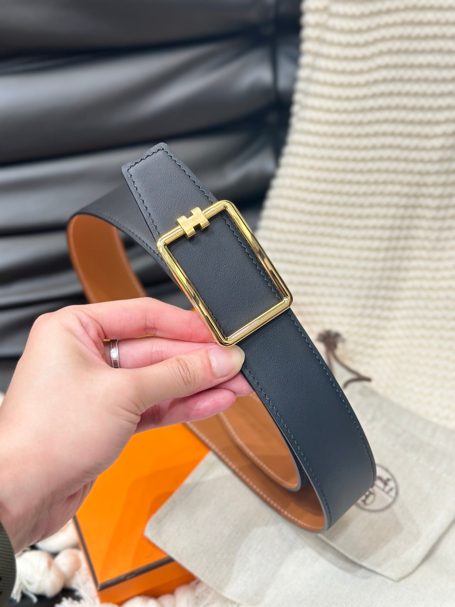 HERMES TUBE H BELT GOLD BUCKLE & REVERSIBLE GINGER ORANGE LEATHER STRAP 38MM