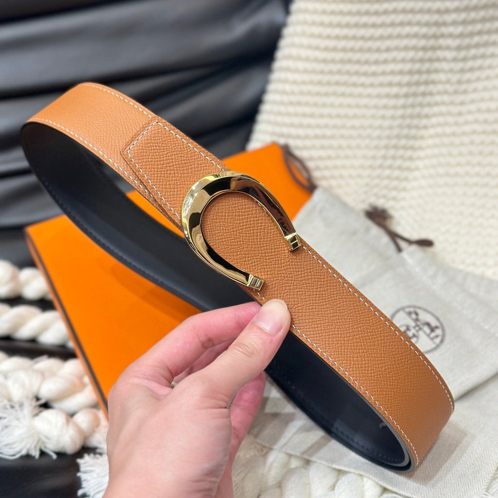 HERMES LUCK BELT GOLD BUCKLE & REVERSIBLE DARK ORANGE LEATHER STRAP 38MM