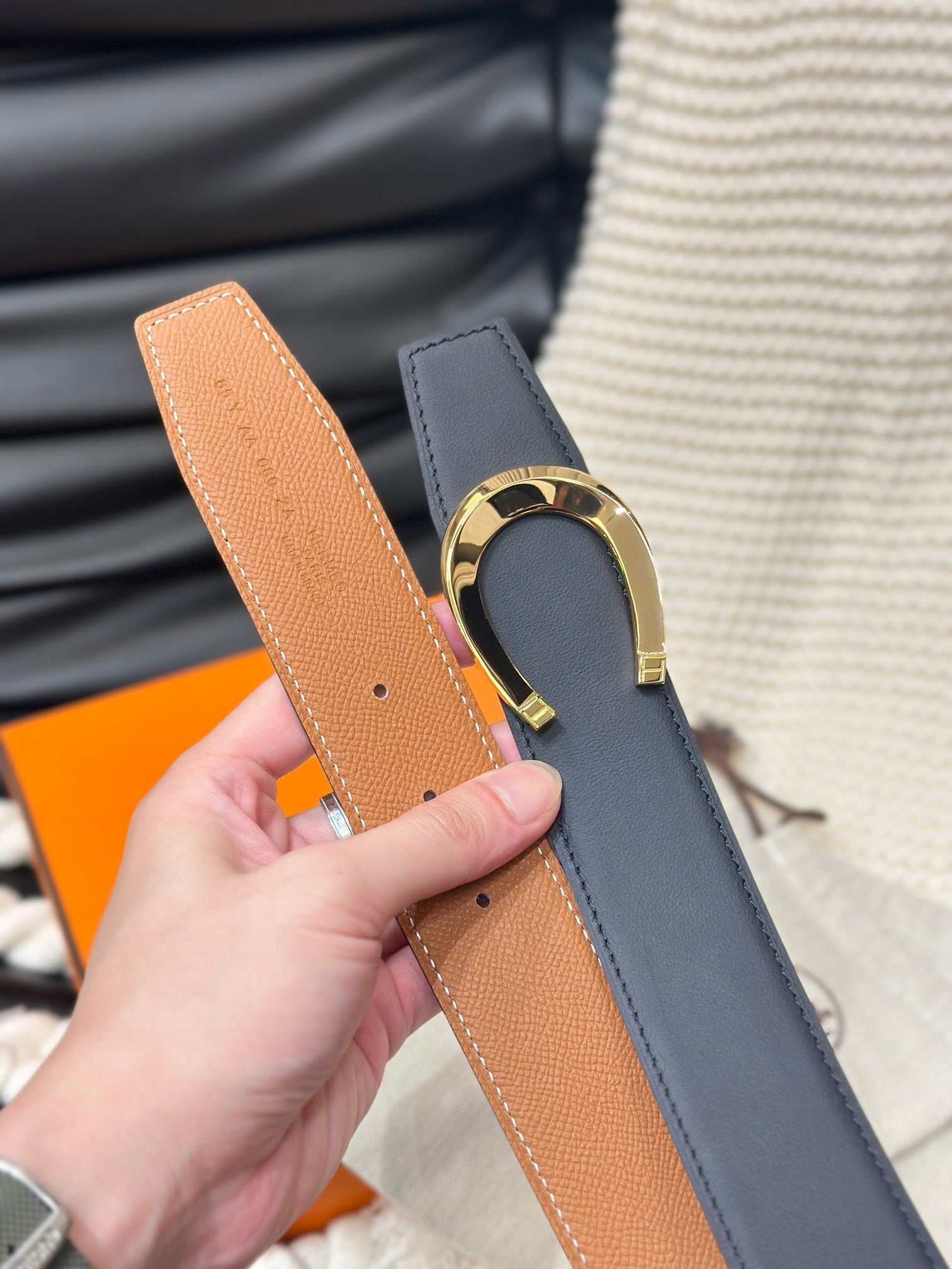HERMES LUCK BELT GOLD BUCKLE & REVERSIBLE DARK ORANGE LEATHER STRAP 38MM