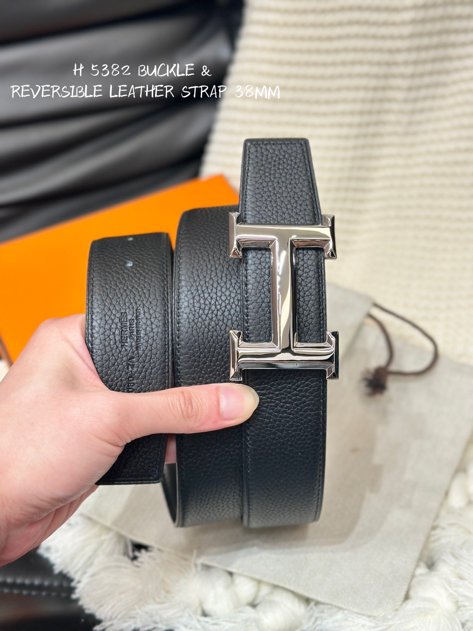 HERMES 5382 BELT SILVER BUCKLE & REVERSIBLE BLACK LEATHER STRAP 38MM
