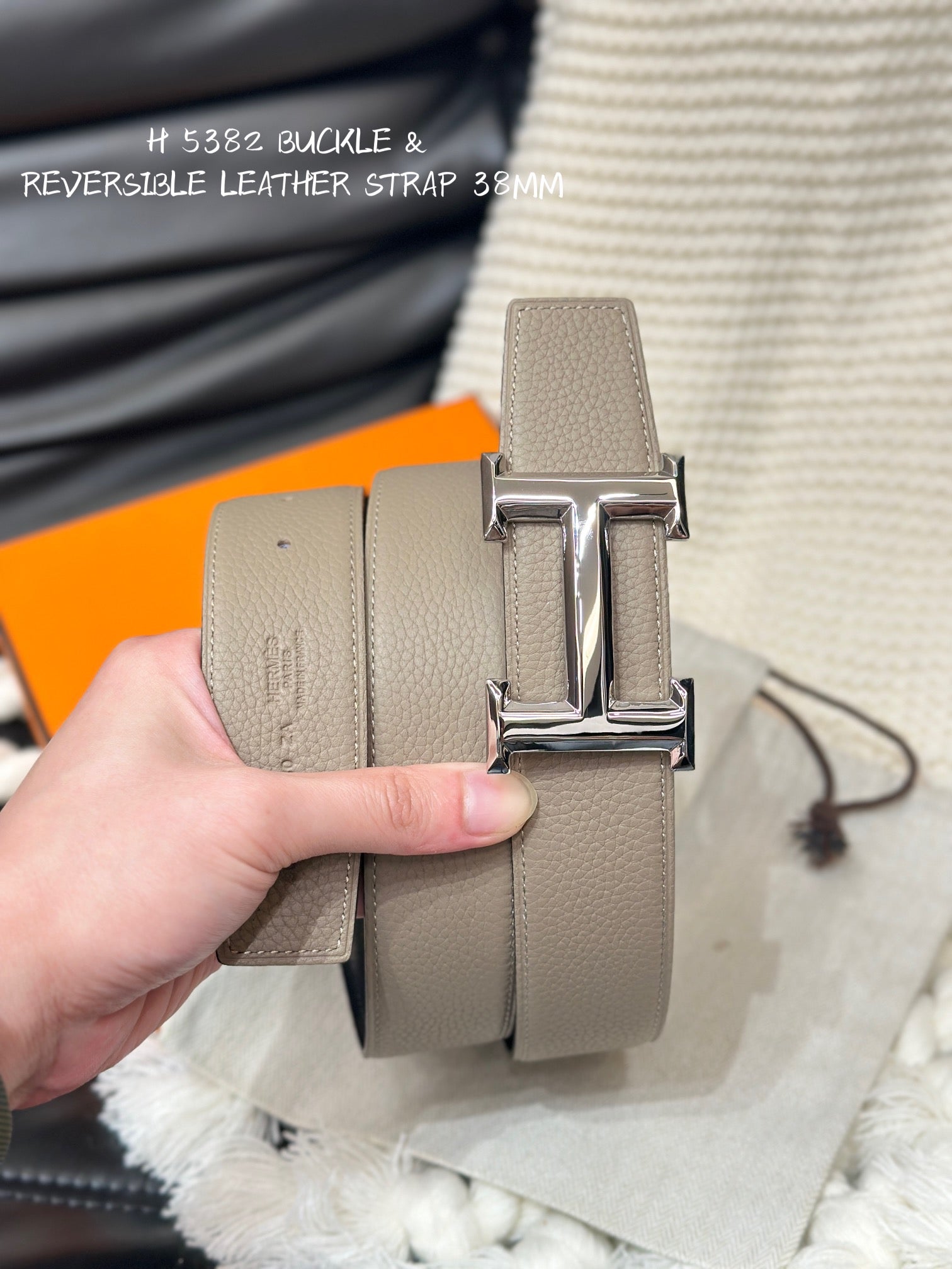 HERMES 5382 BELT SILVER BUCKLE & REVERSIBLE CAMEL BROWN LEATHER STRAP 38MM