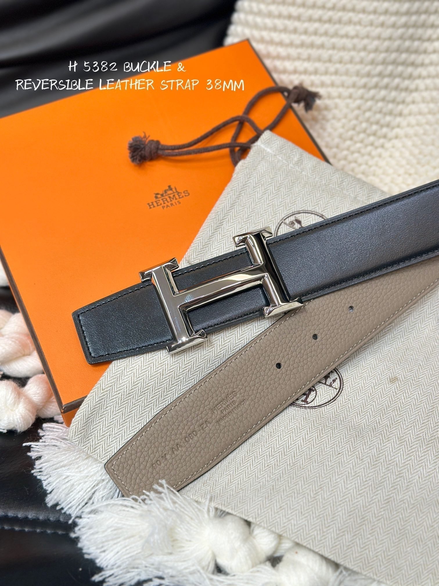 HERMES 5382 BELT SILVER BUCKLE & REVERSIBLE CAMEL BROWN LEATHER STRAP 38MM