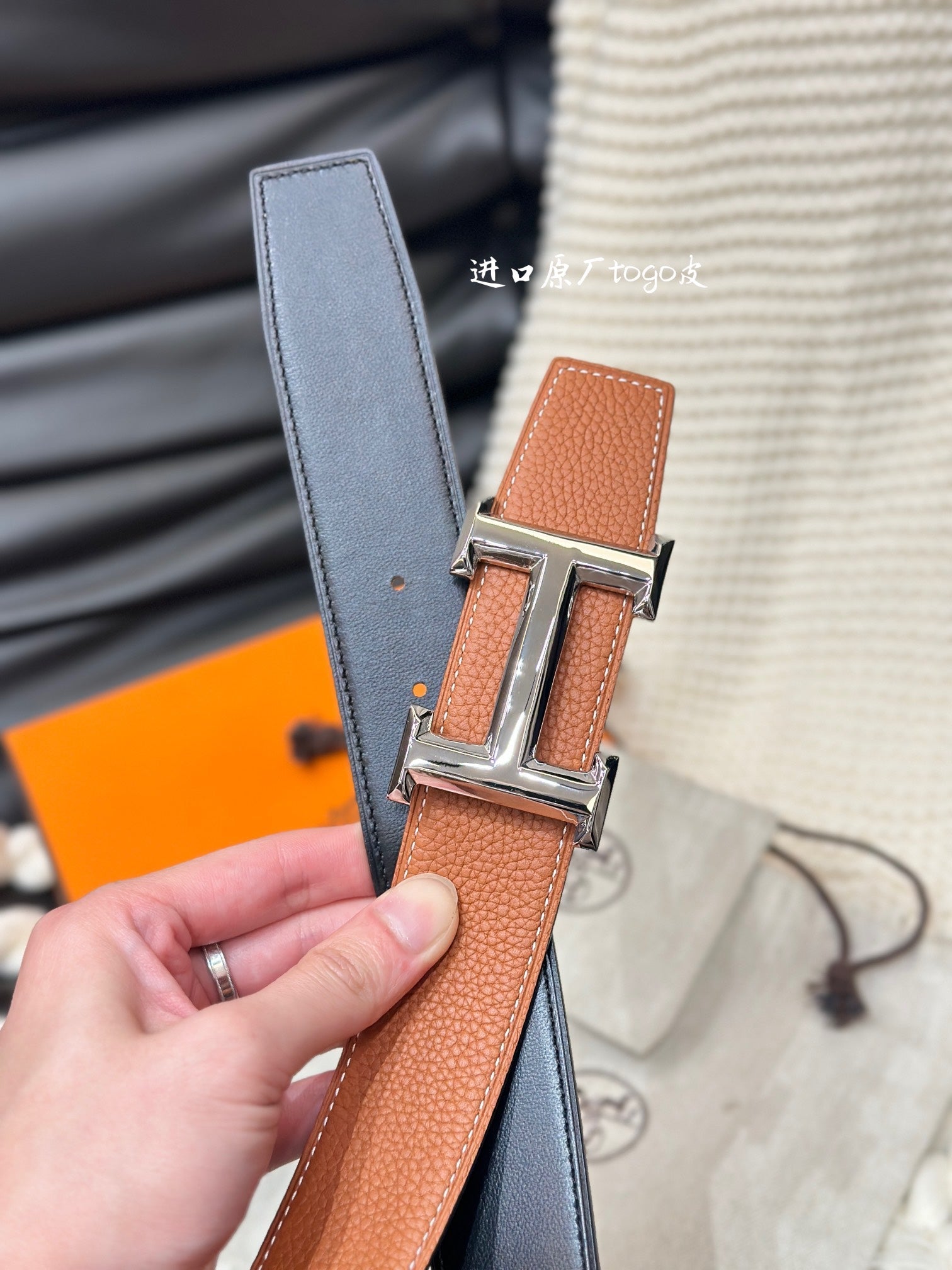 HERMES 5382 BELT SILVER BUCKLE & REVERSIBLE ORANGE LEATHER STRAP 38MM