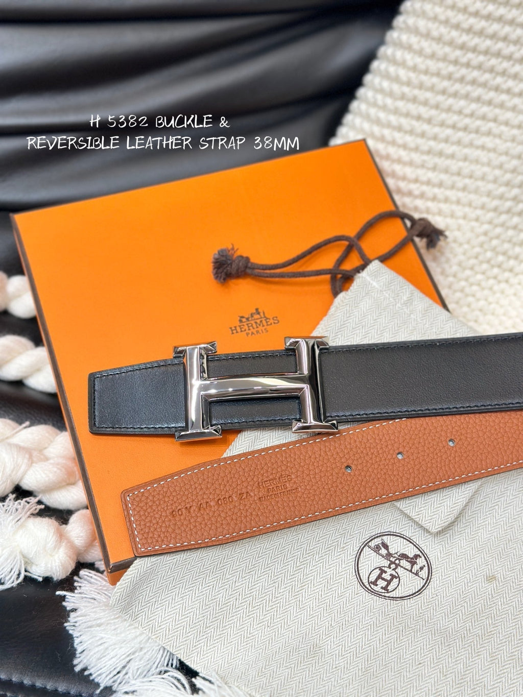 HERMES 5382 BELT SILVER BUCKLE & REVERSIBLE ORANGE LEATHER STRAP 38MM