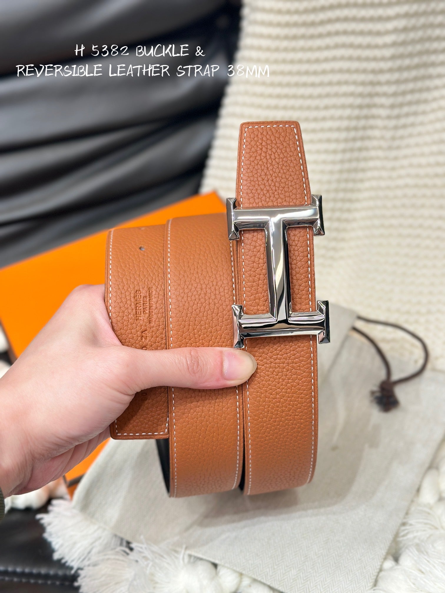 HERMES 5382 BELT SILVER BUCKLE & REVERSIBLE ORANGE LEATHER STRAP 38MM