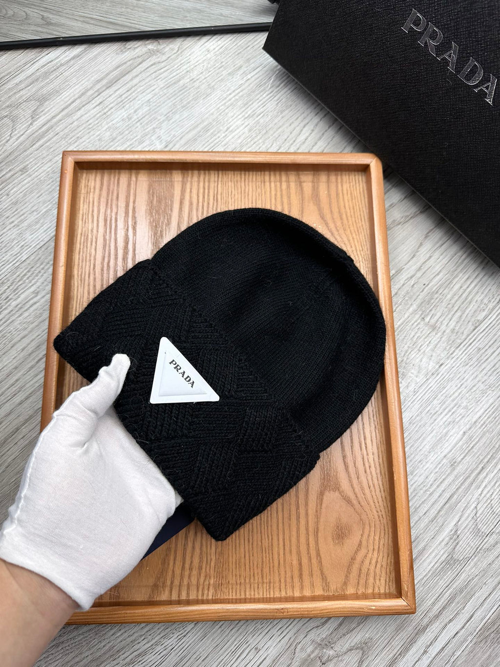 PRADA BEANIE HAT IN BLACK WOOL AND RABBIT FUR 342038