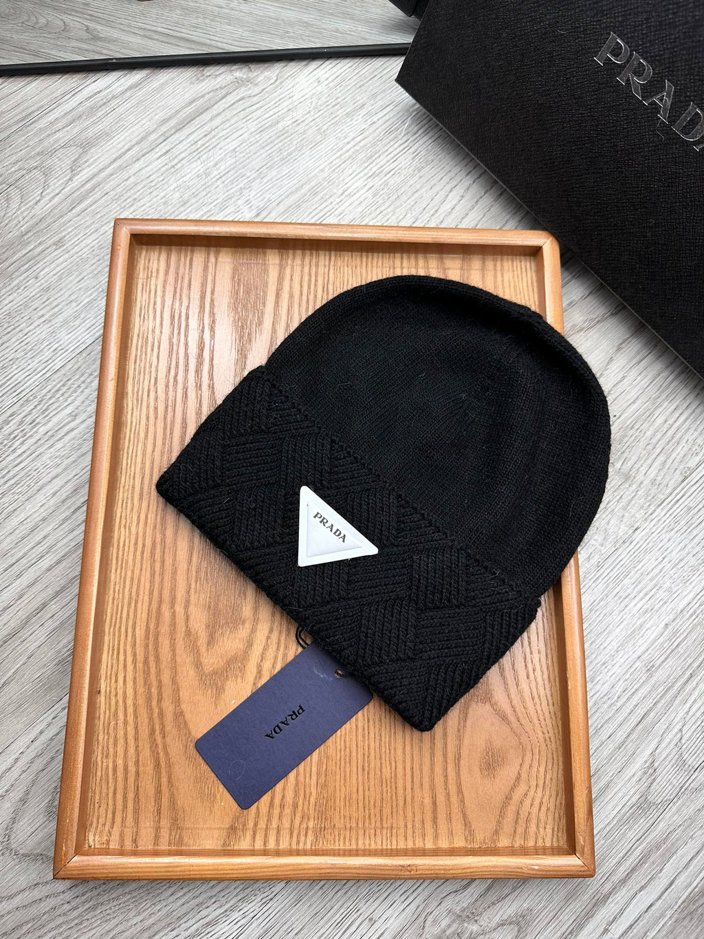 PRADA BEANIE HAT IN BLACK WOOL AND RABBIT FUR 342038