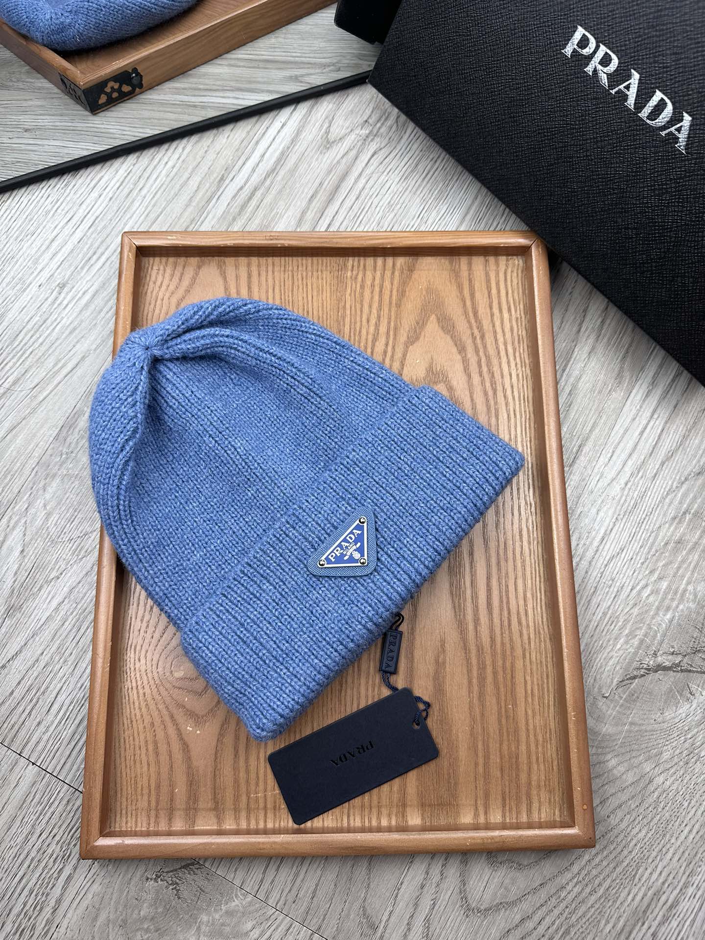 PRADA BEANIE HAT IN DOGGER BLUE WOOL 332396