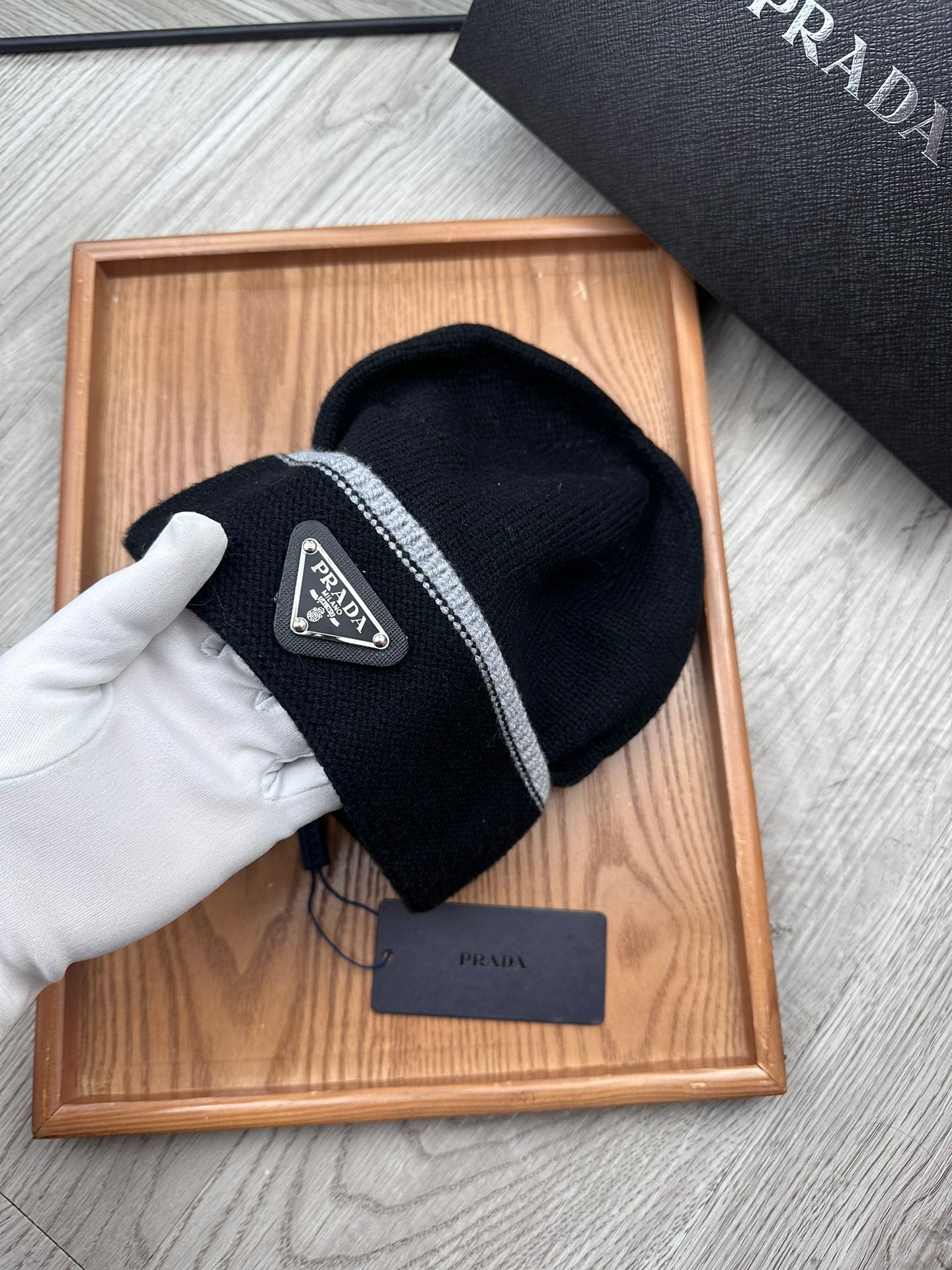 PRADA BEANIE HAT IN BLACK WOOL 349648