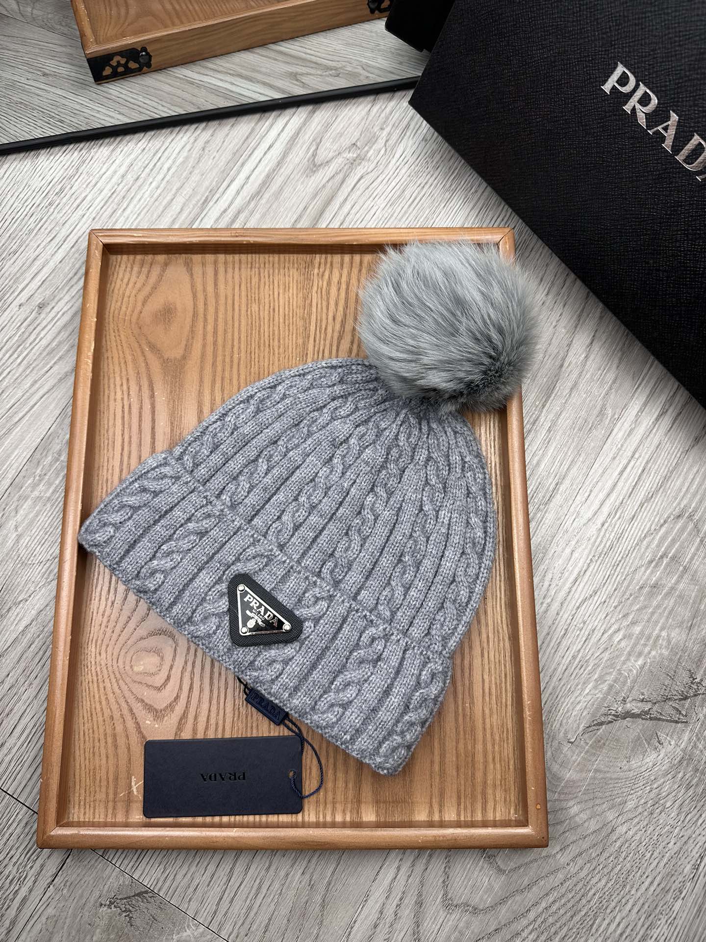 PRADA BEANIE HAT IN DOVE GRAY WOOL 352363