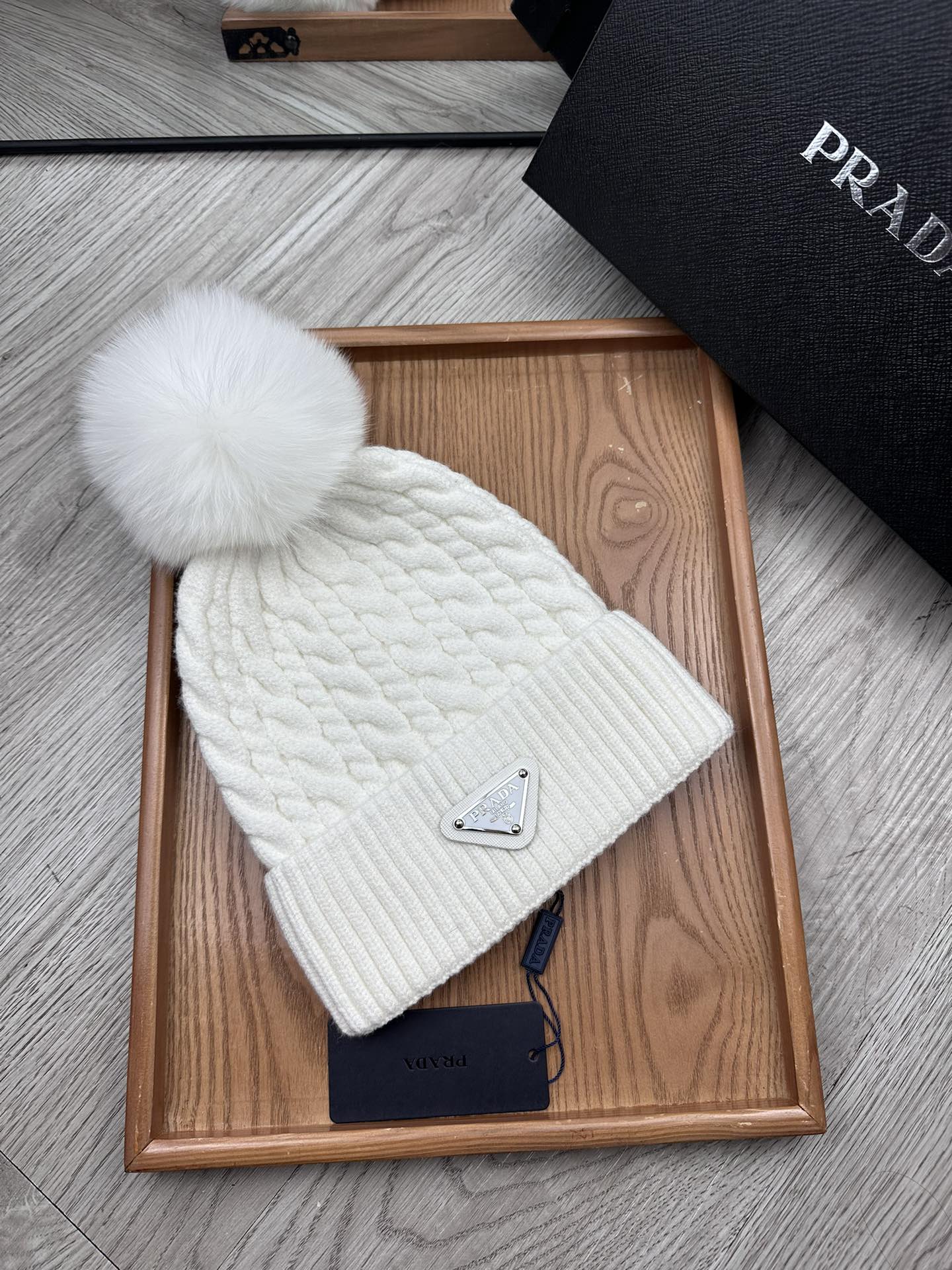 PRADA BEANIE HAT IN WHITE WOOL 352376