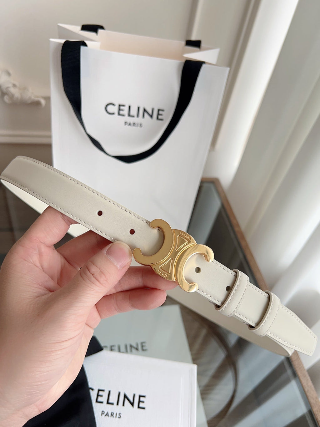 CELINE TRIOMPHE BELT 24MM IN WHITE CALFSKIN WITH GOLD BUCKLE