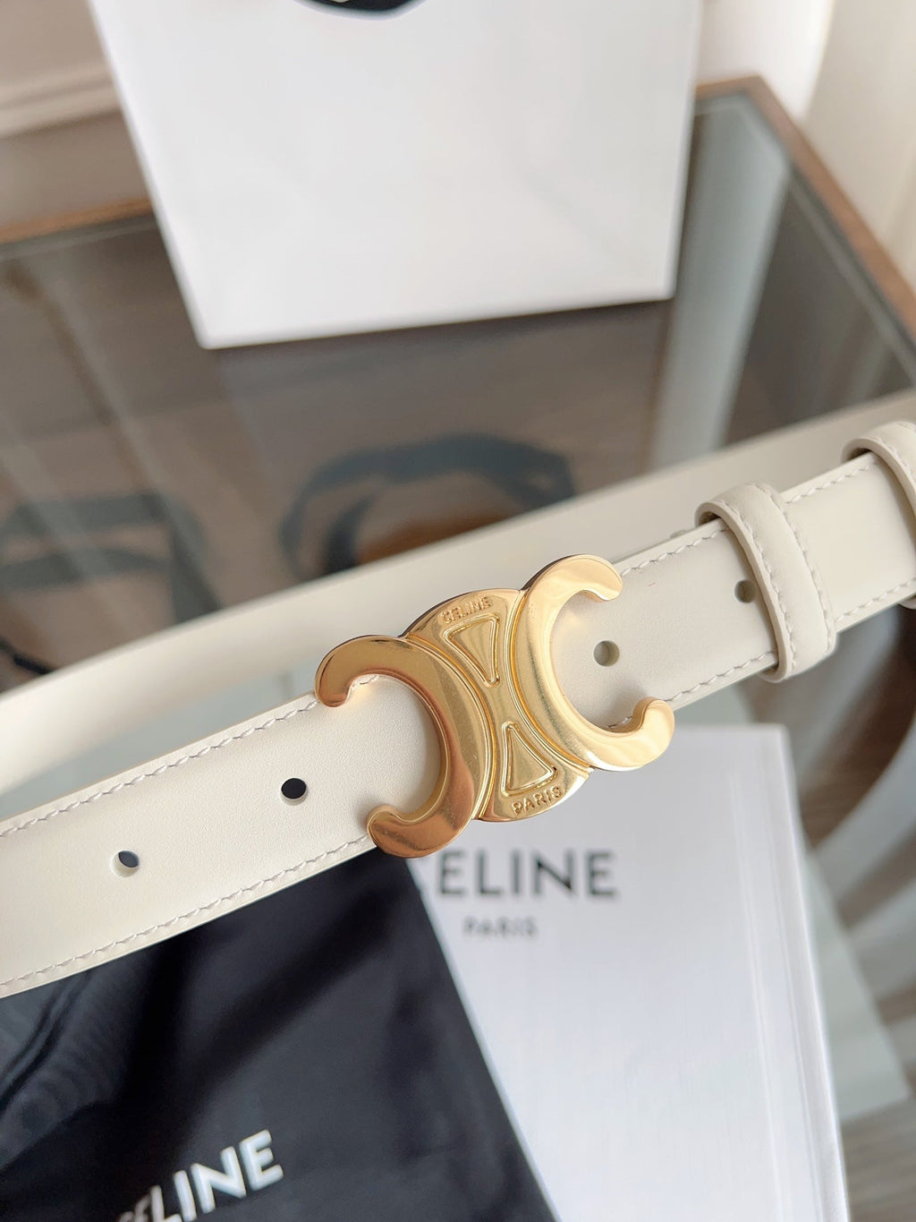 CELINE TRIOMPHE BELT 24MM IN WHITE CALFSKIN WITH GOLD BUCKLE