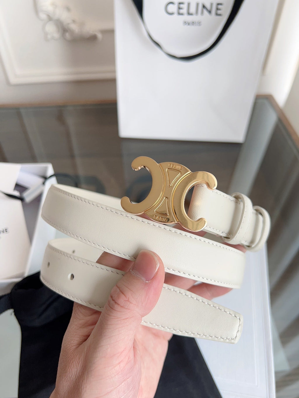 CELINE TRIOMPHE BELT 24MM IN WHITE CALFSKIN WITH GOLD BUCKLE