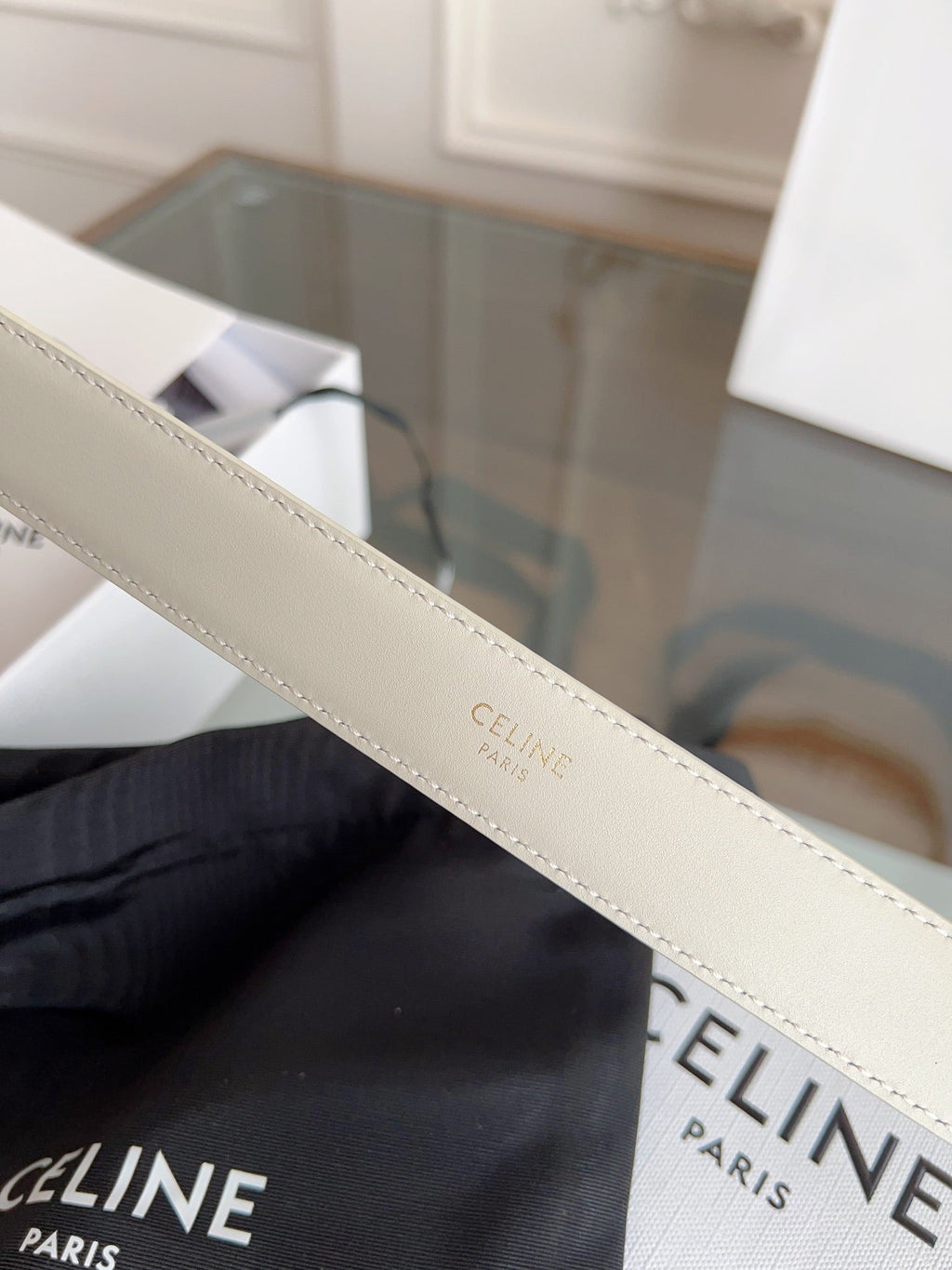 CELINE TRIOMPHE BELT 24MM IN WHITE CALFSKIN WITH GOLD BUCKLE