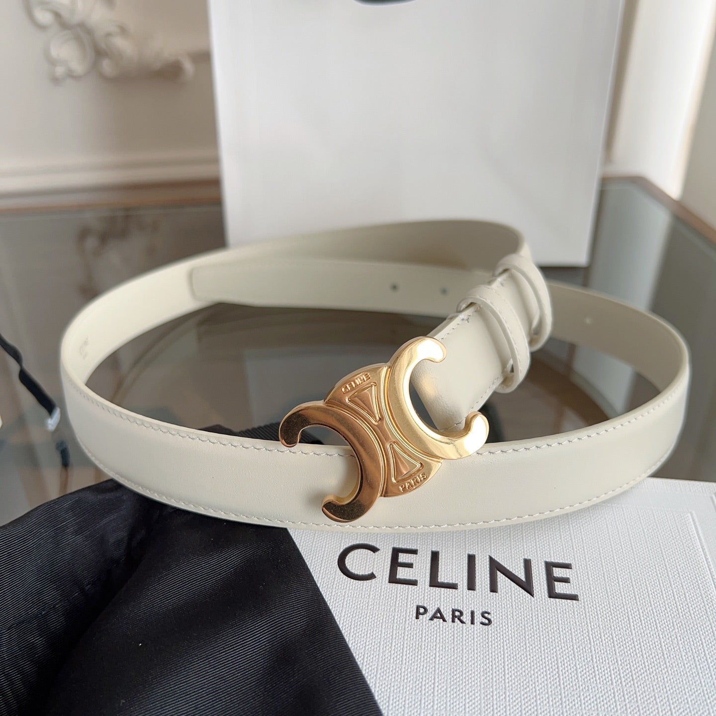 CELINE TRIOMPHE BELT 24MM IN WHITE CALFSKIN WITH GOLD BUCKLE