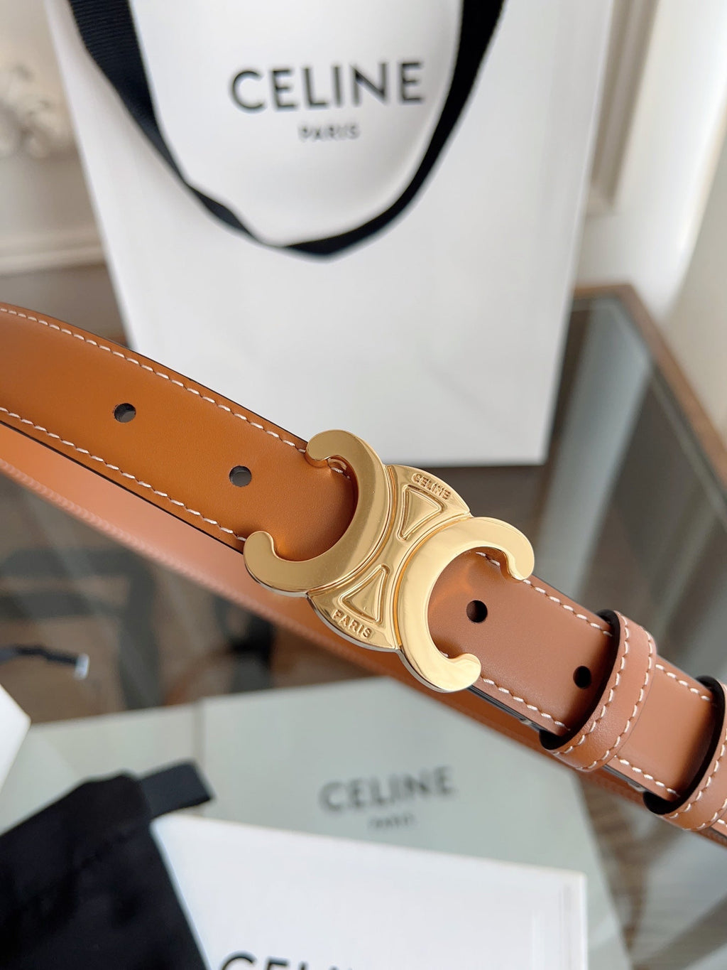 CELINE TRIOMPHE BELT 24MM IN BRONZE BROWN CALFSKIN WITH GOLD BUCKLE