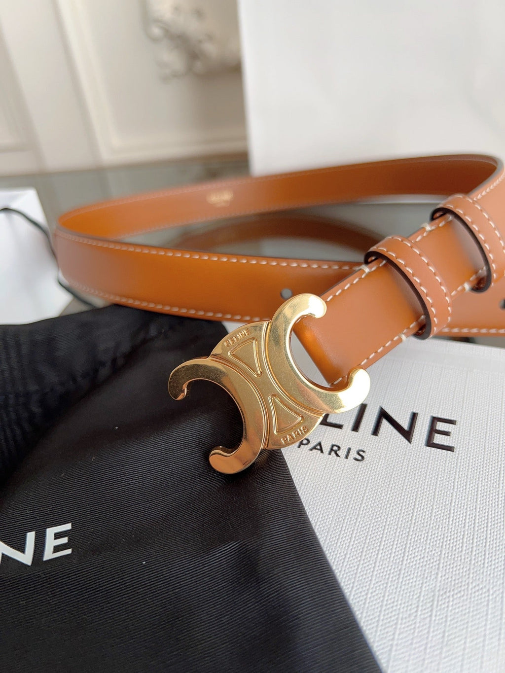 CELINE TRIOMPHE BELT 24MM IN BRONZE BROWN CALFSKIN WITH GOLD BUCKLE