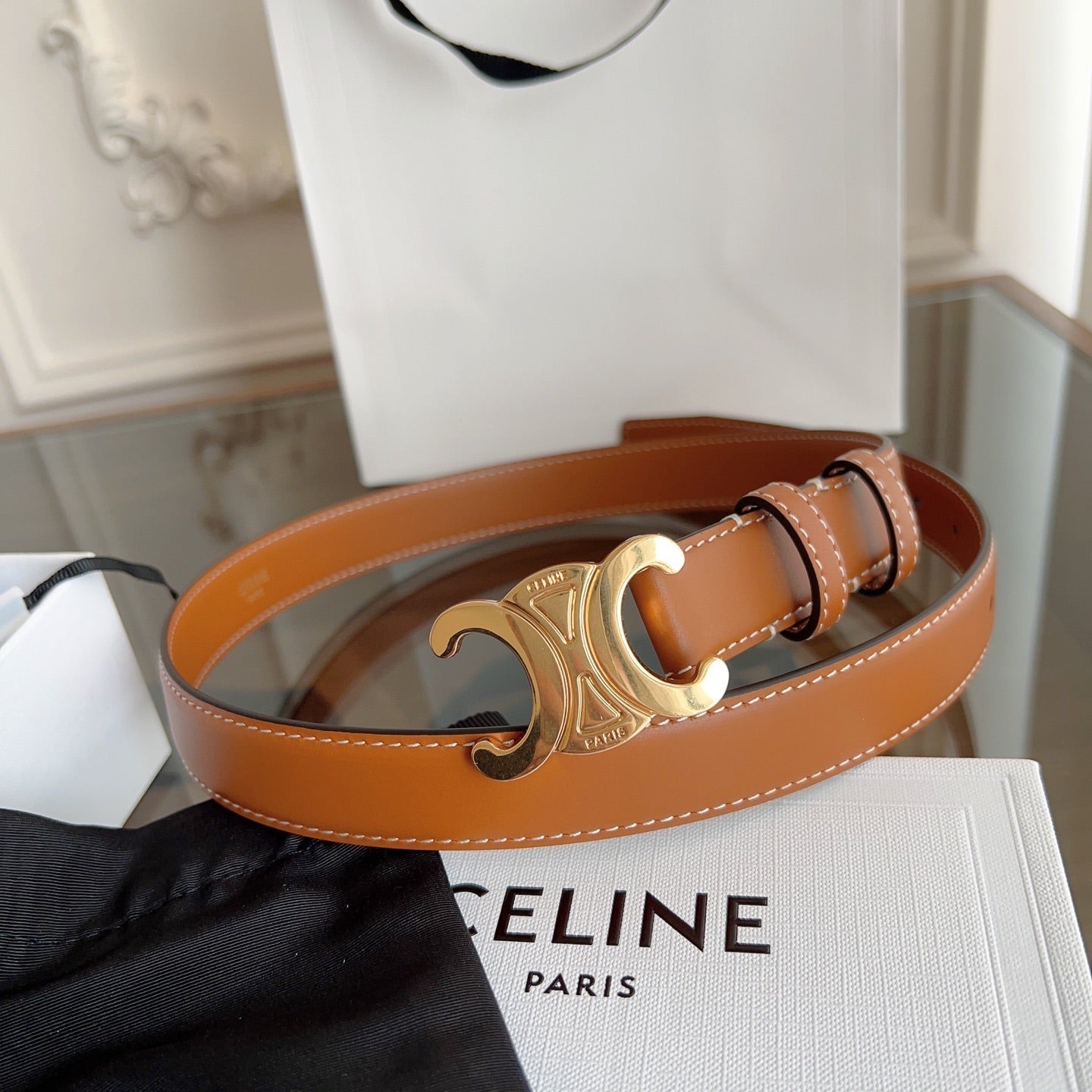 CELINE TRIOMPHE BELT 24MM IN BRONZE BROWN CALFSKIN WITH GOLD BUCKLE