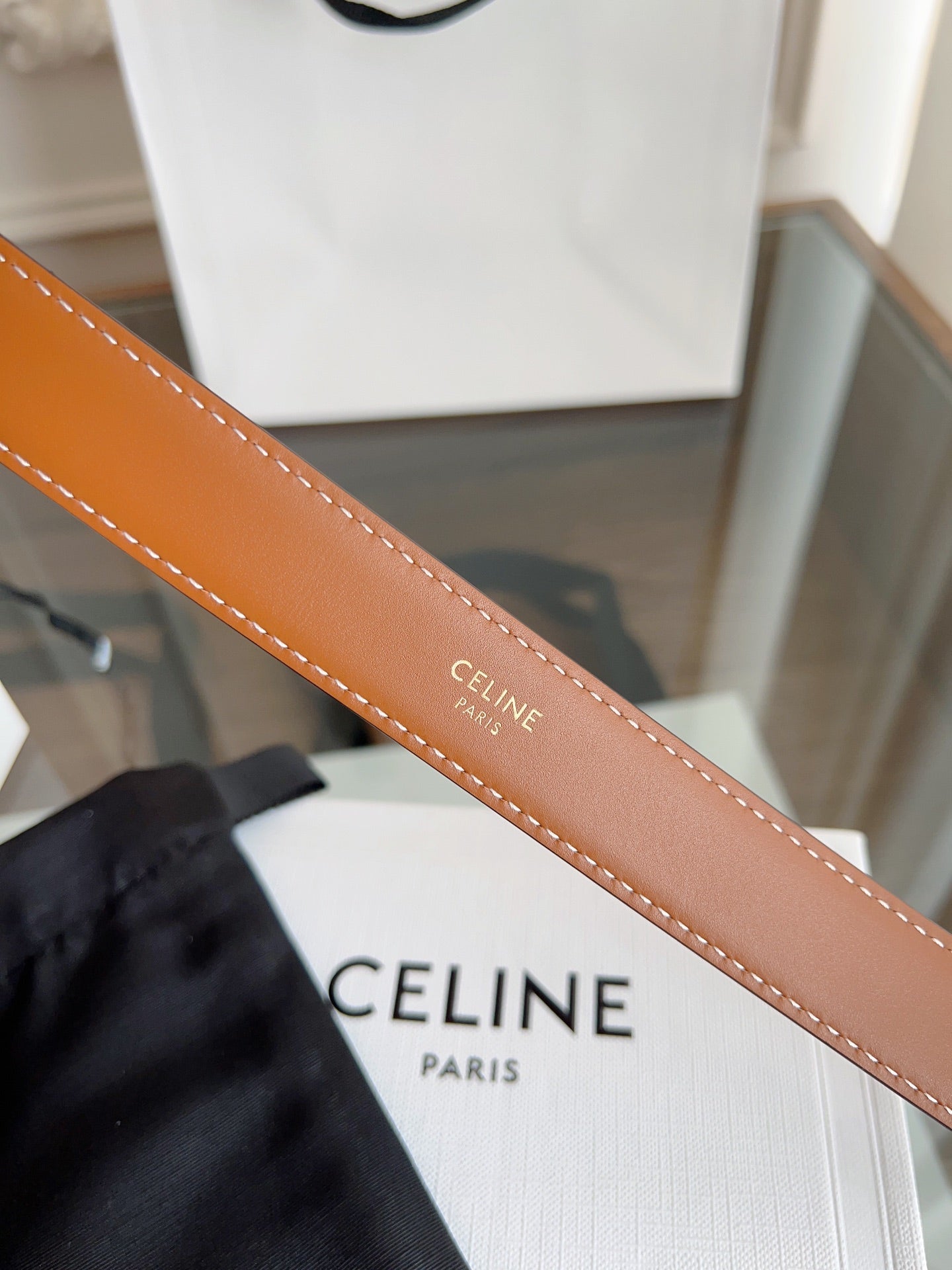 CELINE TRIOMPHE BELT 24MM IN BRONZE BROWN CALFSKIN WITH GOLD BUCKLE