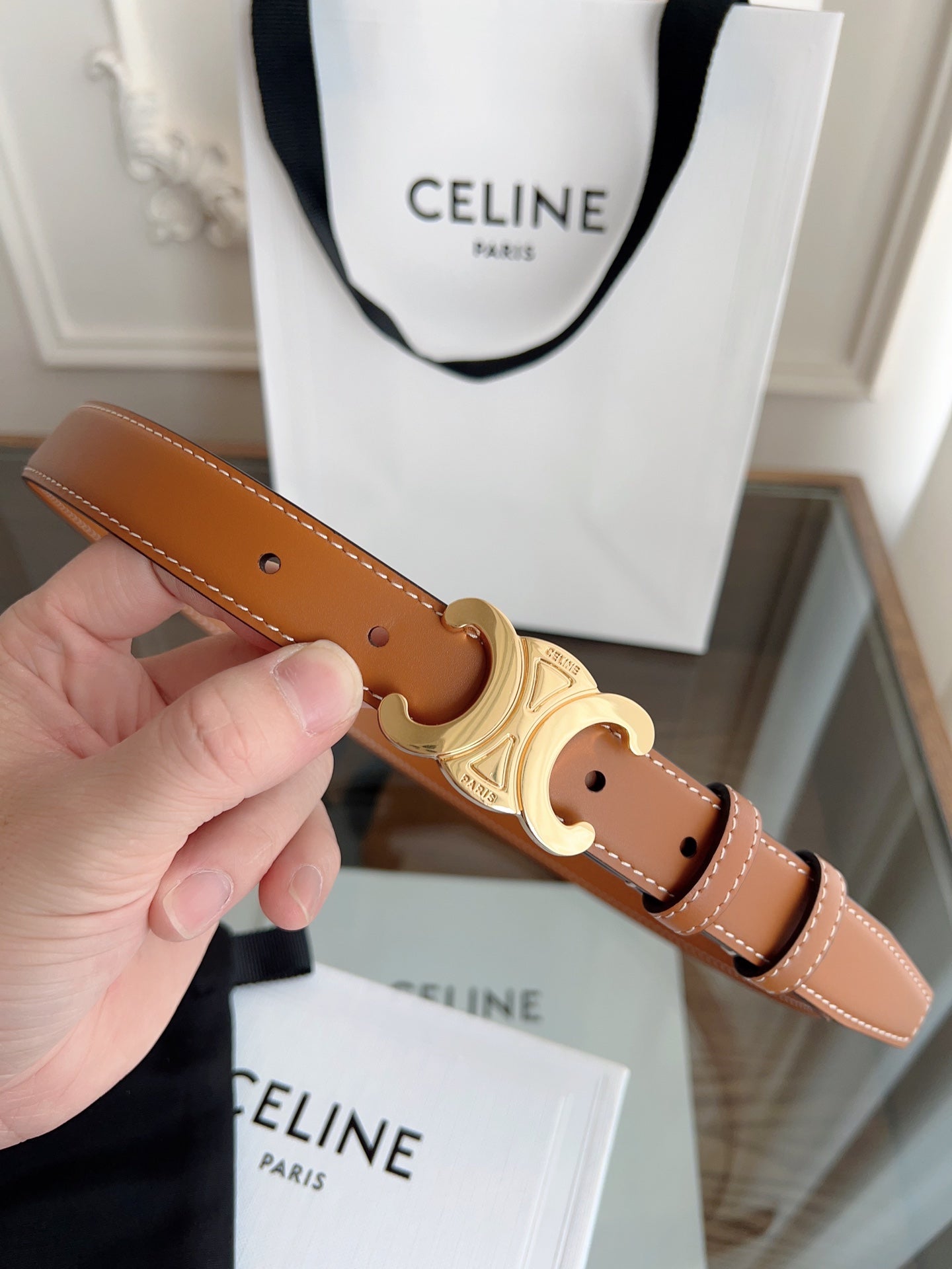 CELINE TRIOMPHE BELT 24MM IN BRONZE BROWN CALFSKIN WITH GOLD BUCKLE