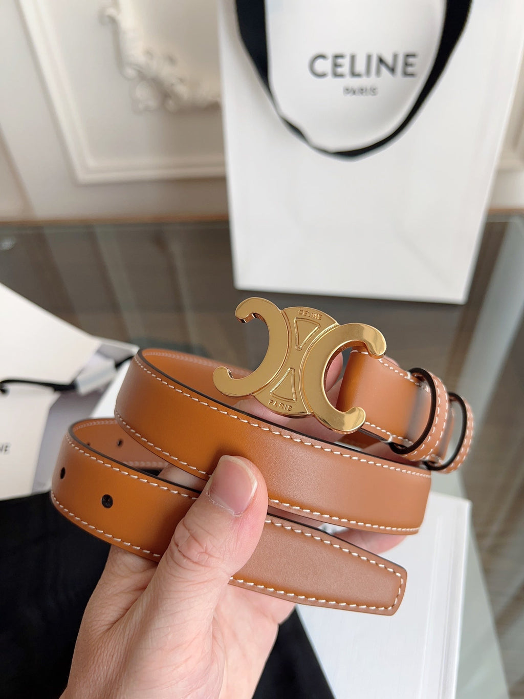 CELINE TRIOMPHE BELT 24MM IN BRONZE BROWN CALFSKIN WITH GOLD BUCKLE