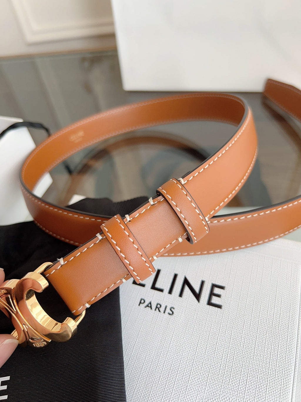 CELINE TRIOMPHE BELT 24MM IN BRONZE BROWN CALFSKIN WITH GOLD BUCKLE