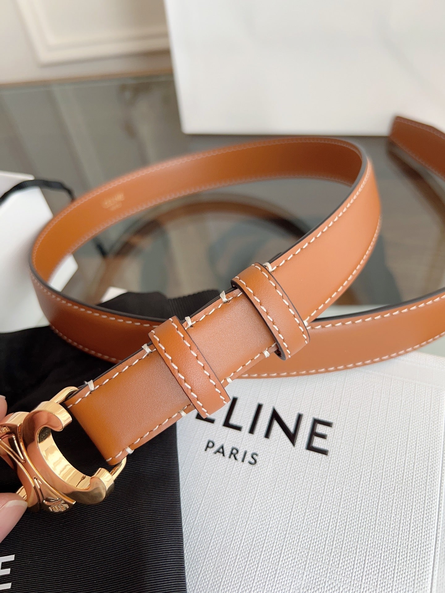 CELINE TRIOMPHE BELT 24MM IN BRONZE BROWN CALFSKIN WITH GOLD BUCKLE