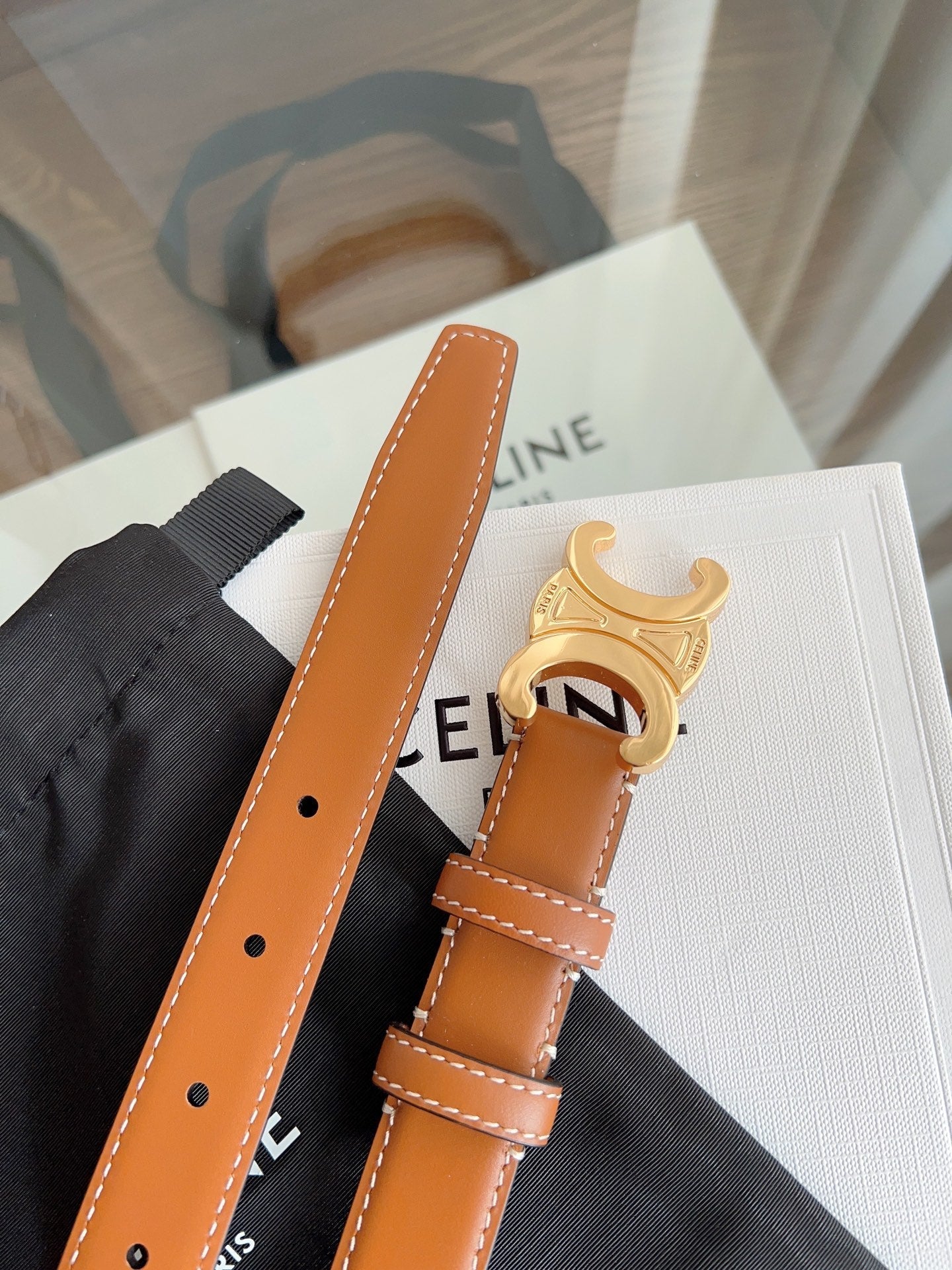 CELINE TRIOMPHE BELT 24MM IN BRONZE BROWN CALFSKIN WITH GOLD BUCKLE