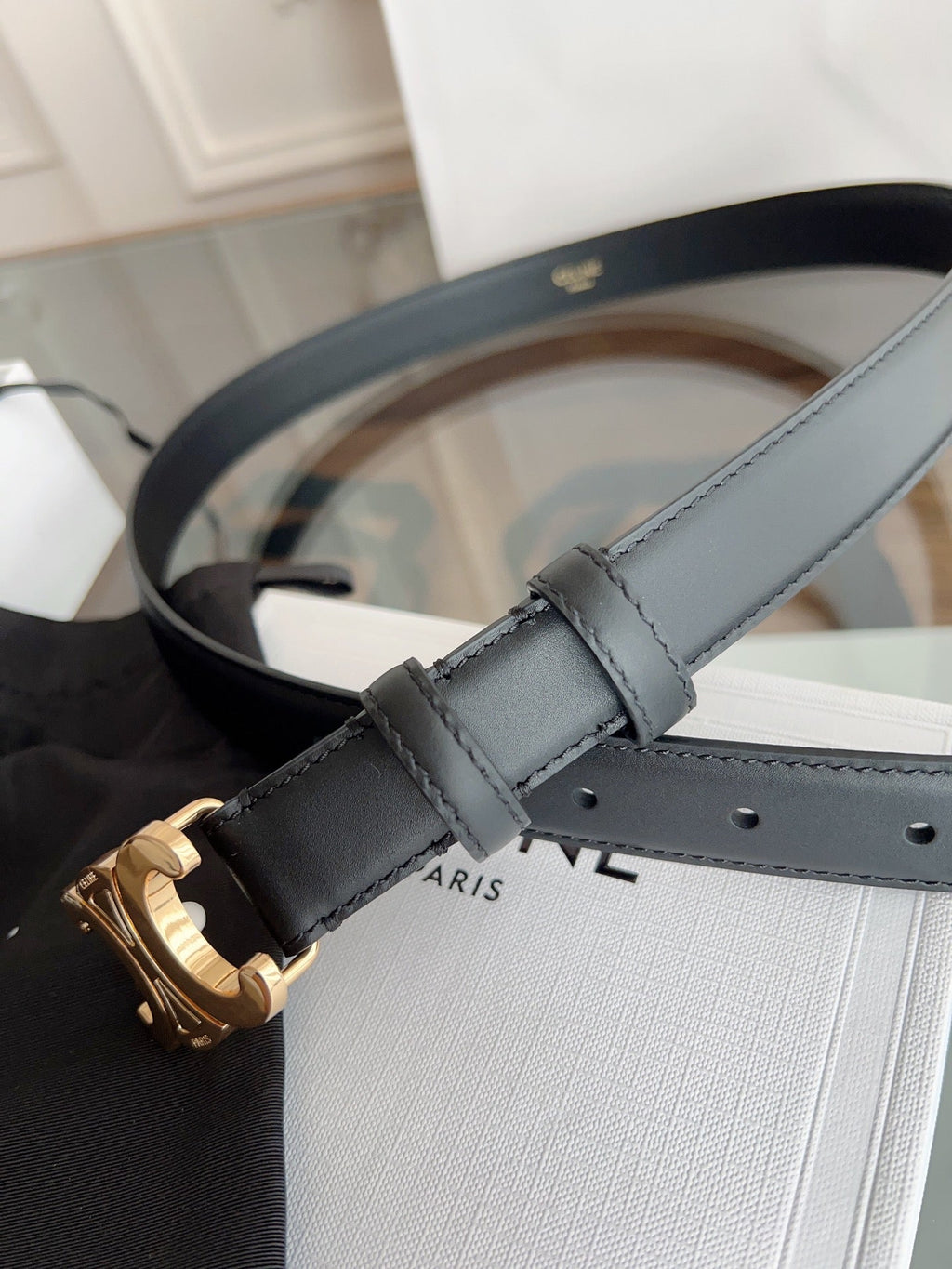 CELINE TRIOMPHE BELT 24MM IN BLACK CALFSKIN WITH GOLD BUCKLE