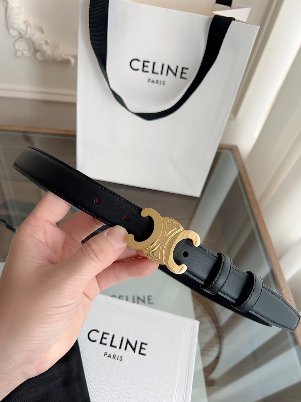 CELINE TRIOMPHE BELT 24MM IN BLACK CALFSKIN WITH GOLD BUCKLE