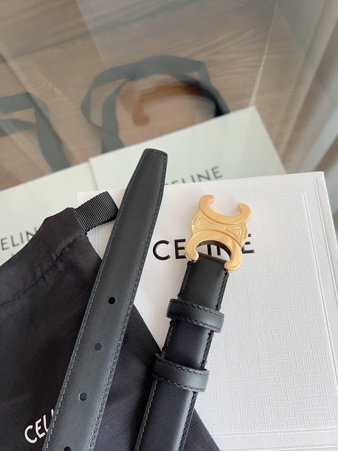 CELINE TRIOMPHE BELT 24MM IN BLACK CALFSKIN WITH GOLD BUCKLE