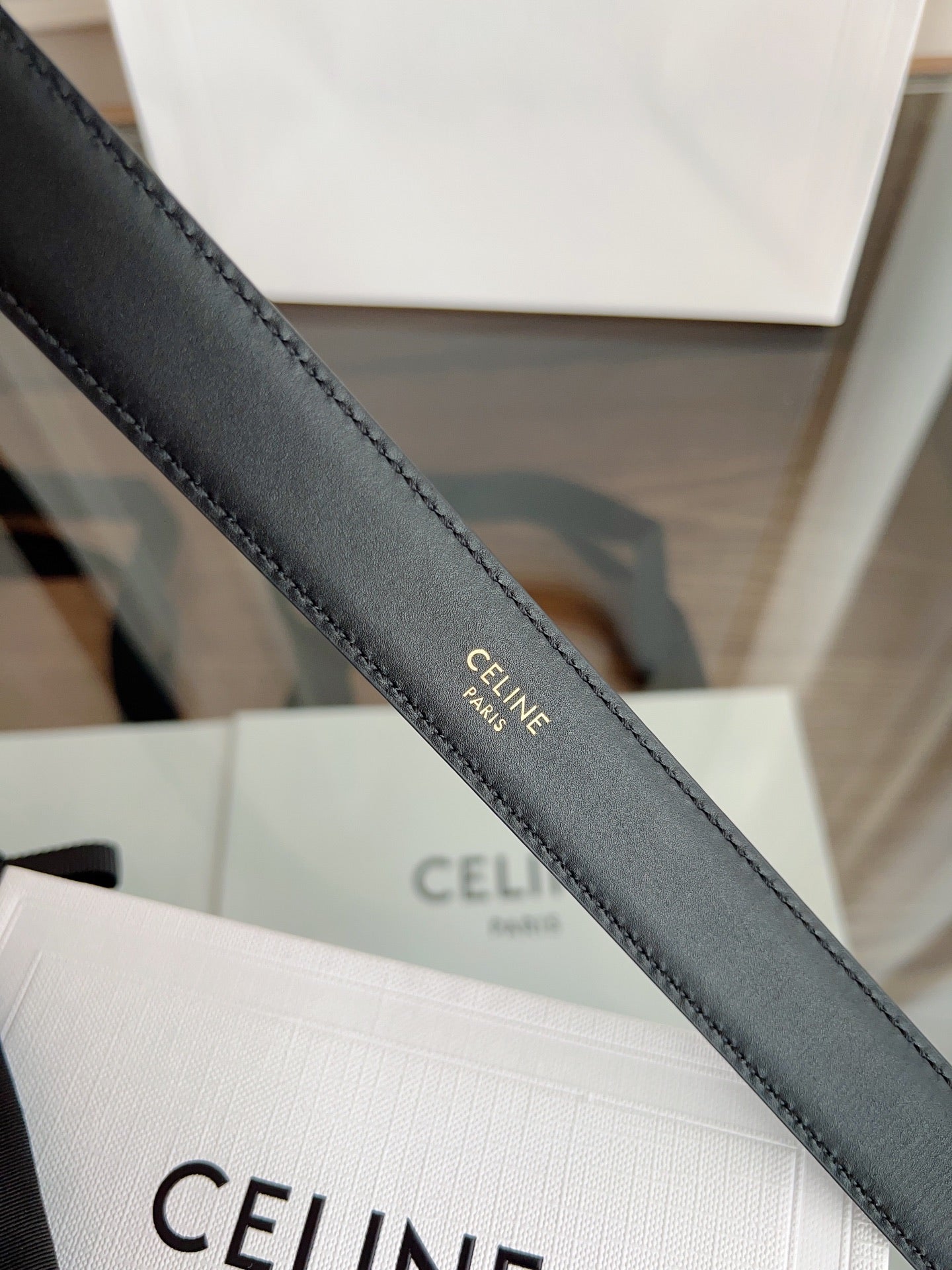CELINE TRIOMPHE BELT 24MM IN BLACK CALFSKIN WITH GOLD BUCKLE
