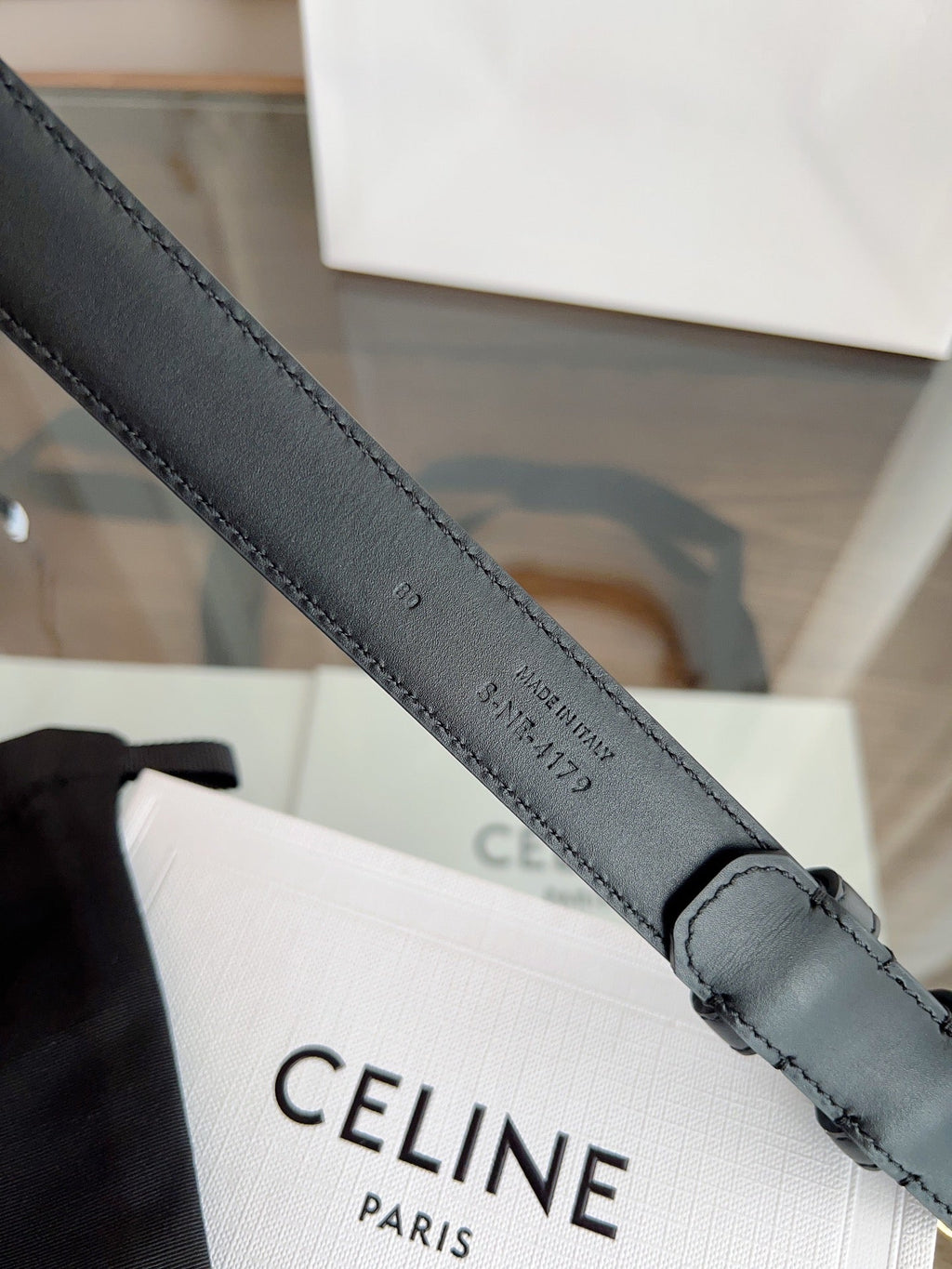CELINE TRIOMPHE BELT 24MM IN BLACK CALFSKIN WITH GOLD BUCKLE