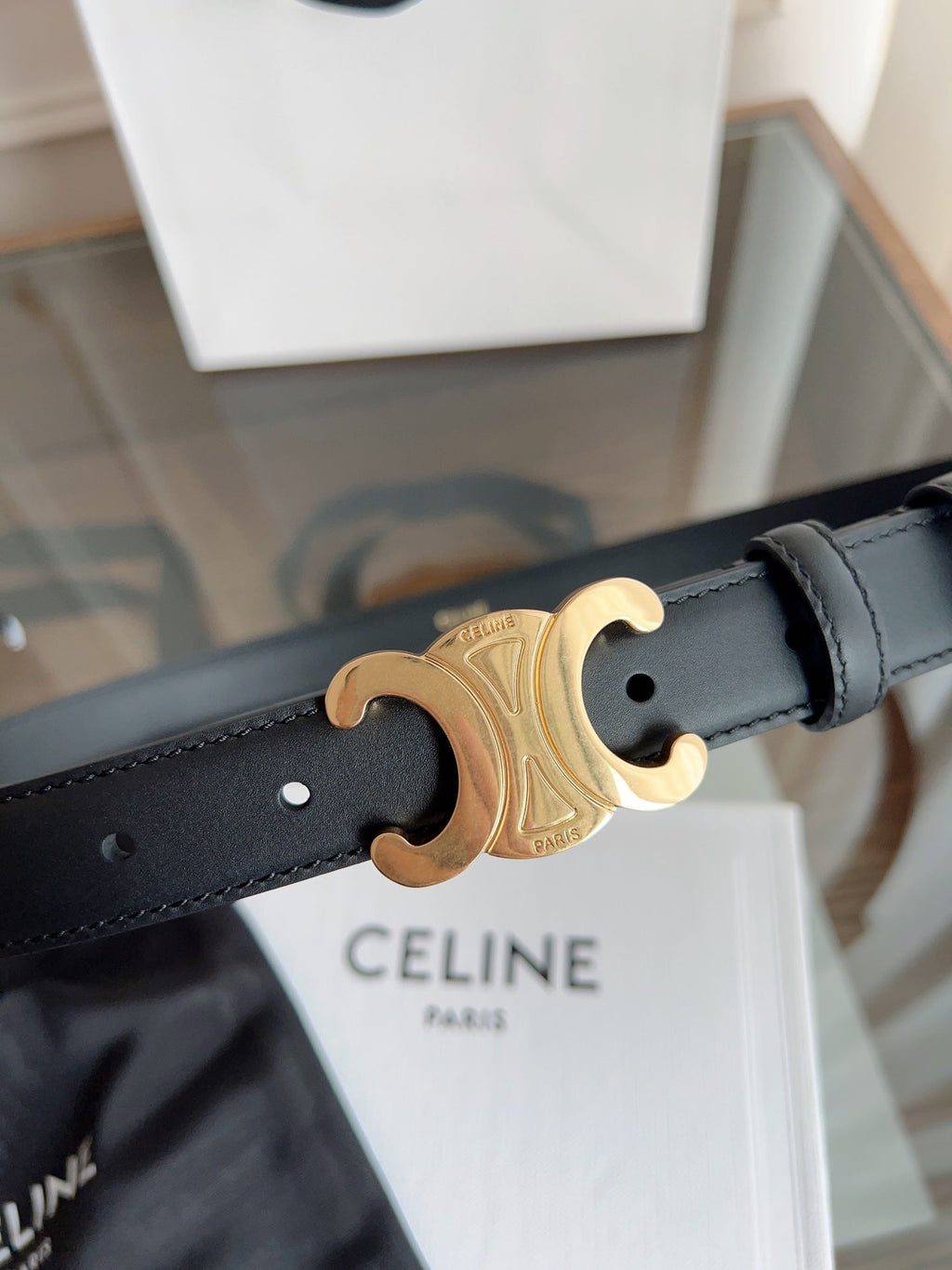 CELINE TRIOMPHE BELT 24MM IN BLACK CALFSKIN WITH GOLD BUCKLE