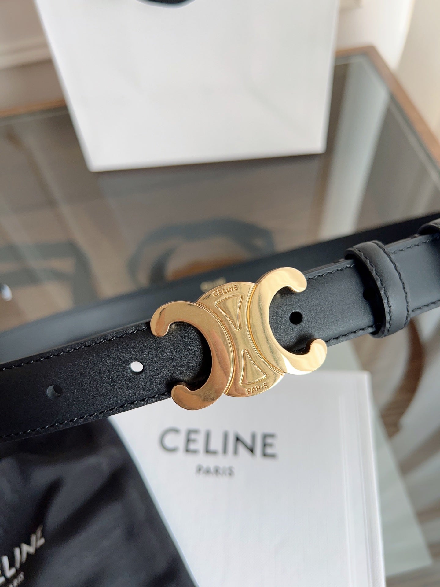 CELINE TRIOMPHE BELT 24MM IN BLACK CALFSKIN WITH GOLD BUCKLE