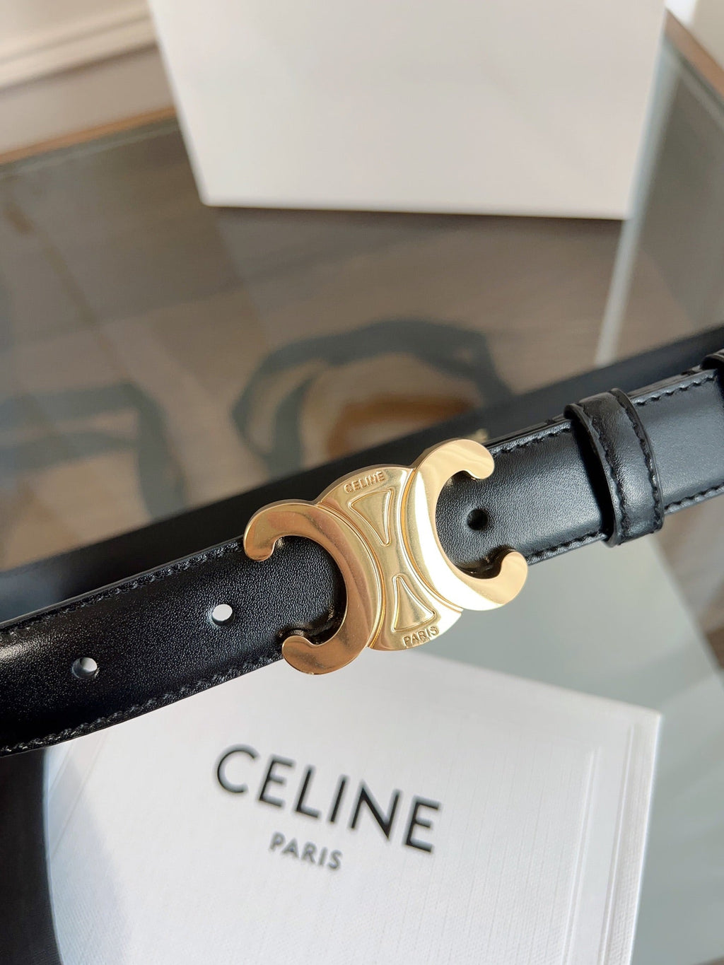 CELINE TRIOMPHE BELT 24MM IN GLOSSY BLACK CALFSKIN WITH GOLD BUCKLE