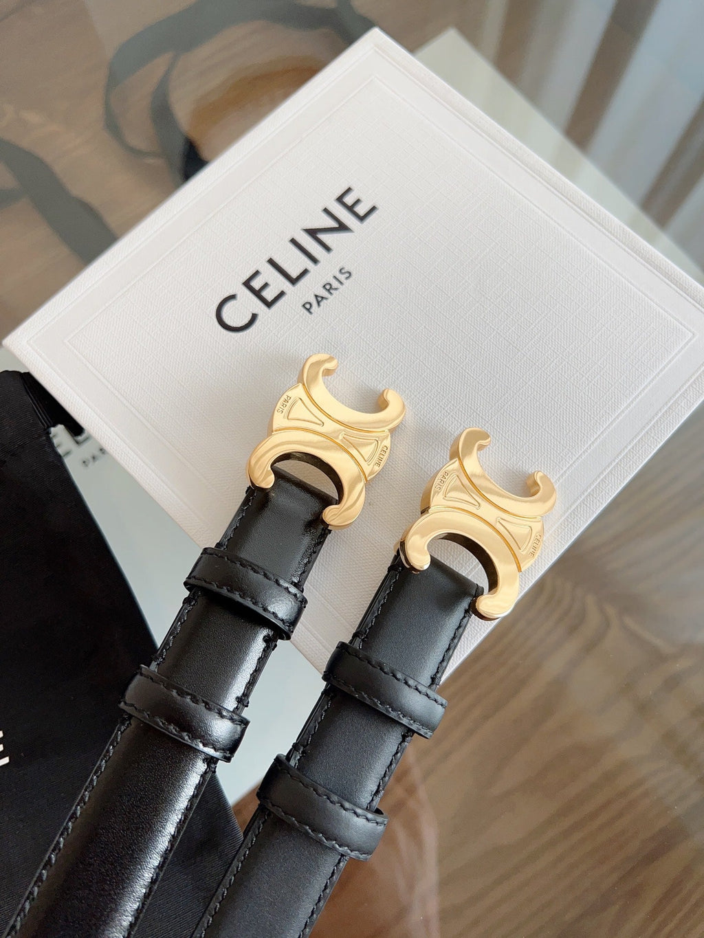 CELINE TRIOMPHE BELT 24MM IN GLOSSY BLACK CALFSKIN WITH GOLD BUCKLE