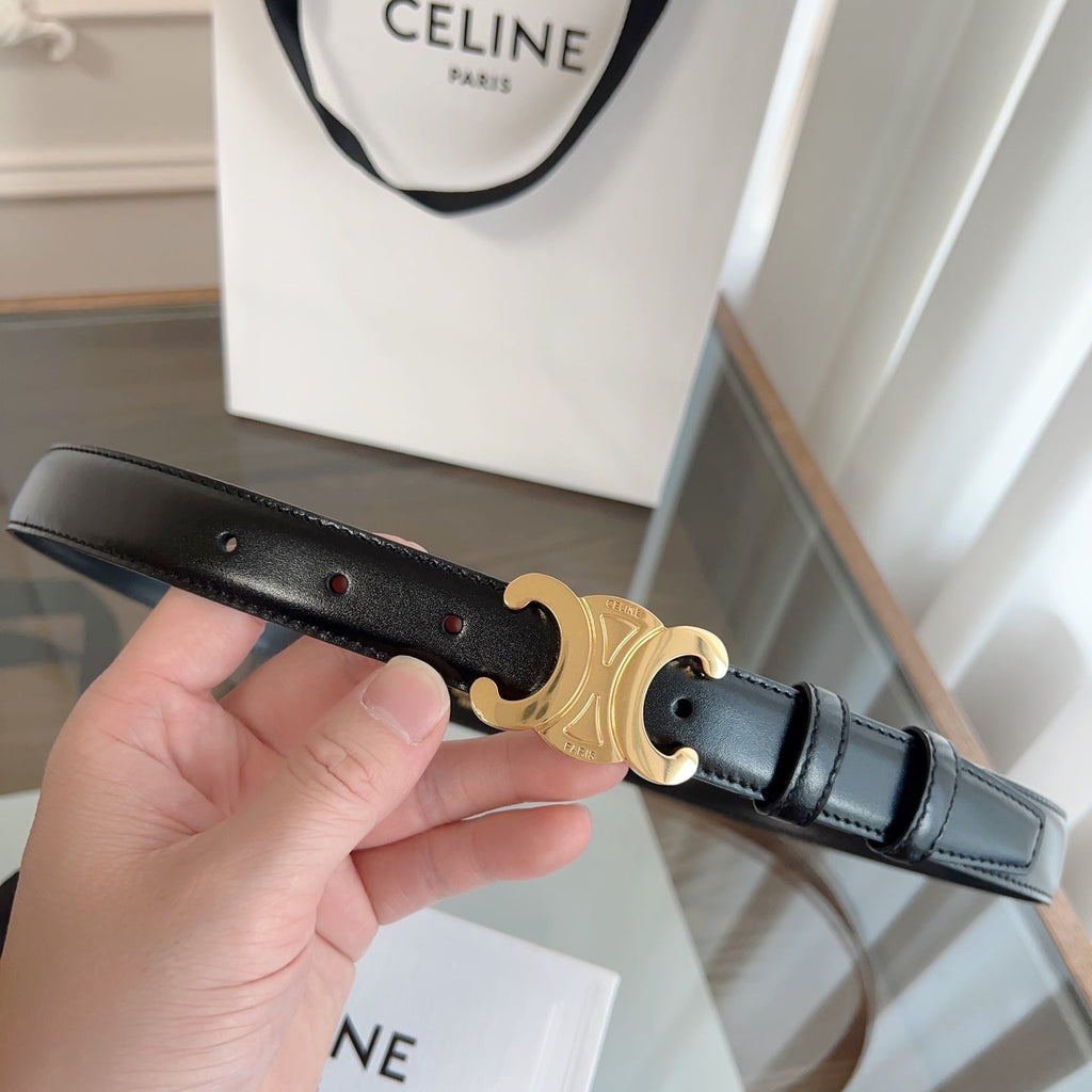 CELINE TRIOMPHE BELT 24MM IN GLOSSY BLACK CALFSKIN WITH GOLD BUCKLE
