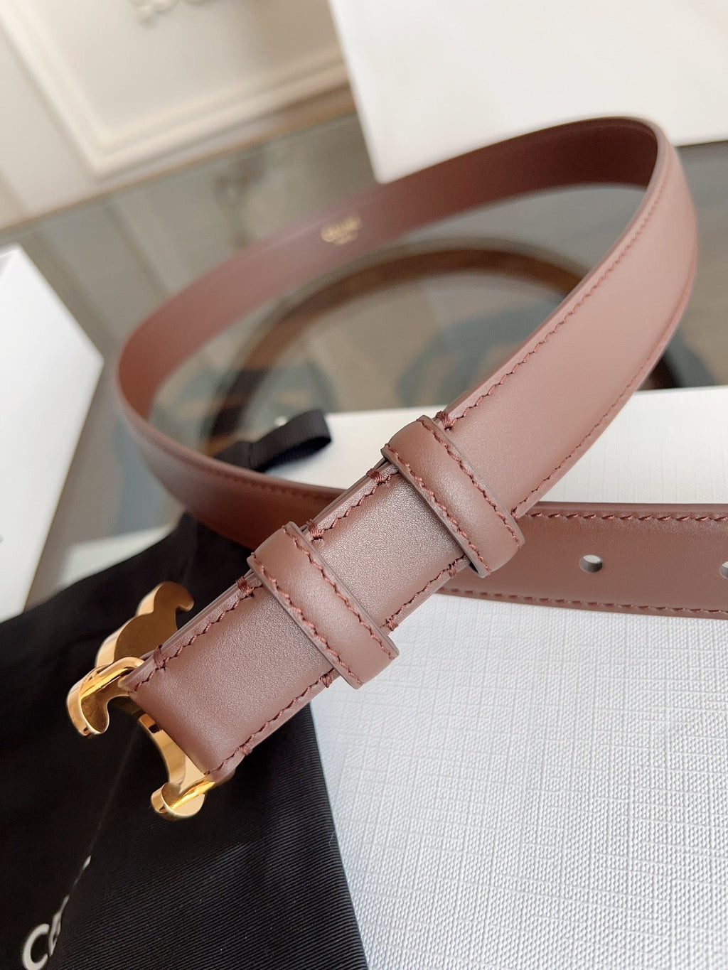 CELINE TRIOMPHE BELT 24MM IN BROWN CALFSKIN WITH GOLD BUCKLE