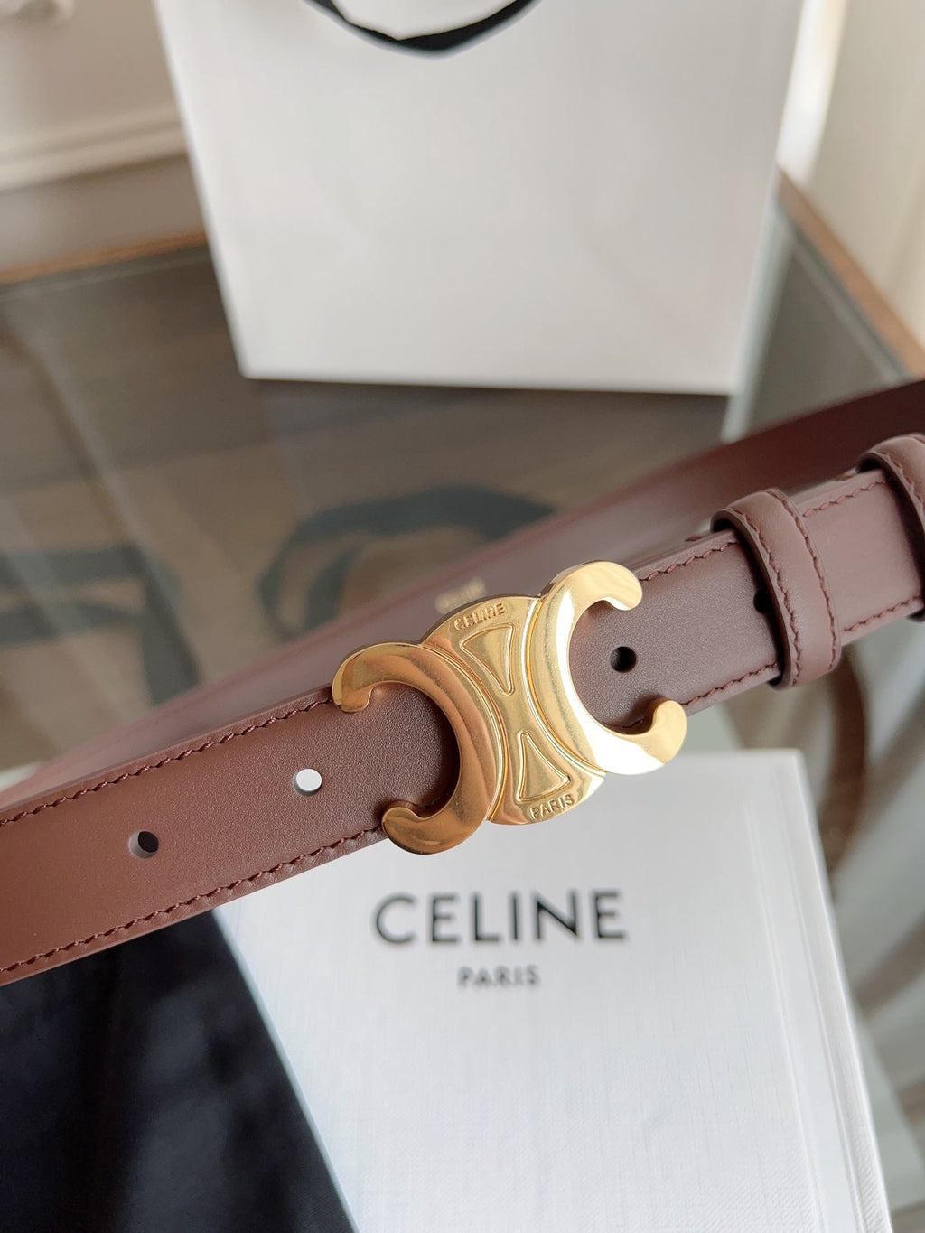 CELINE TRIOMPHE BELT 24MM IN BROWN CALFSKIN WITH GOLD BUCKLE